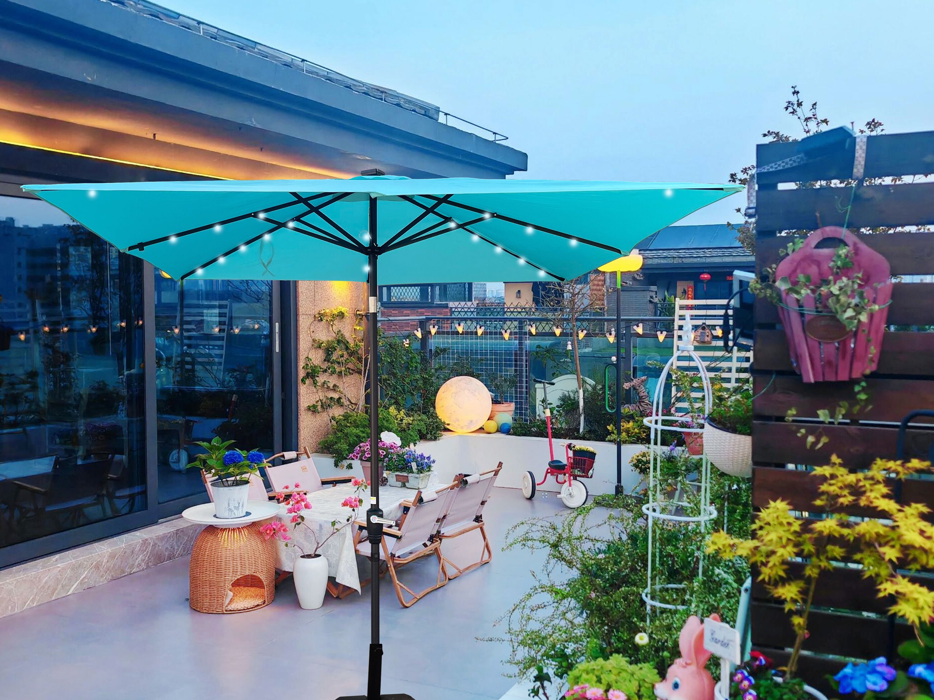 AAZJ 8.2-ft Steel Blue Push-button Tilt Garden Patio Umbrella with Lights