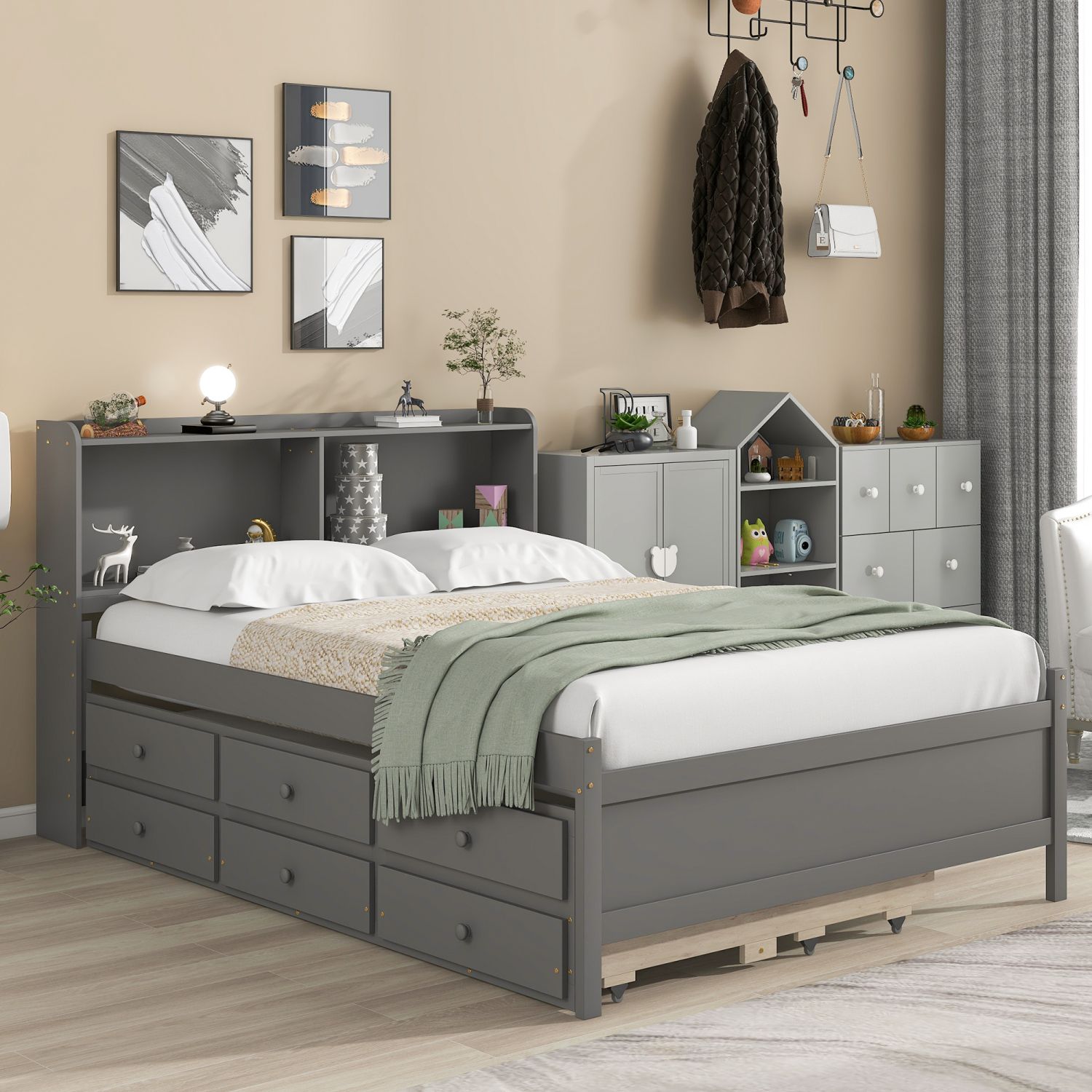 JASMODER W504S00047 Gray Full Composite Platform Bed with Storage