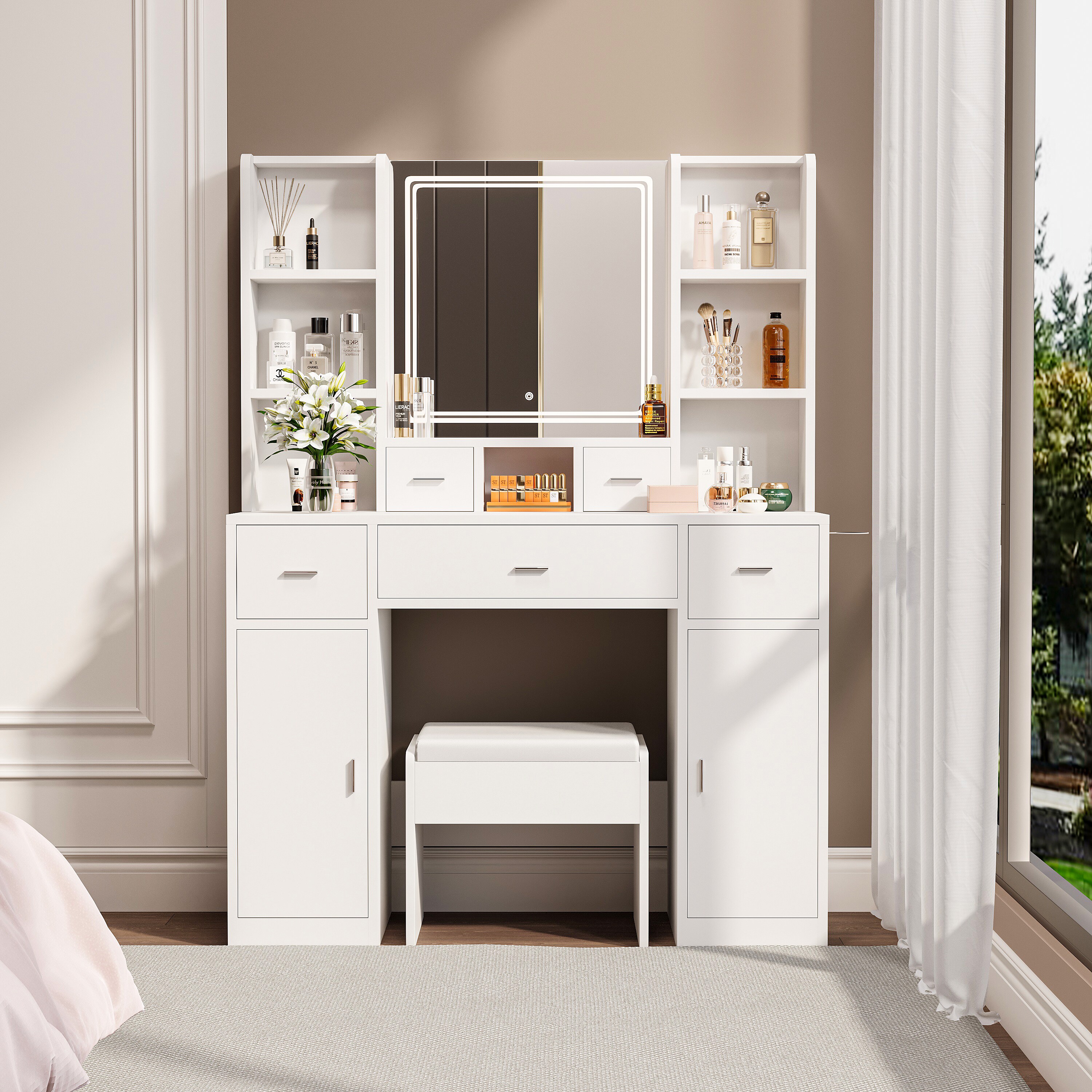 LOVMOR SF-WO-W1320P186713 The white vanity with LED mirror is equipped with a hair dryer rack and the vanity in the bedroom and dressing room is equipped with a dressing pad