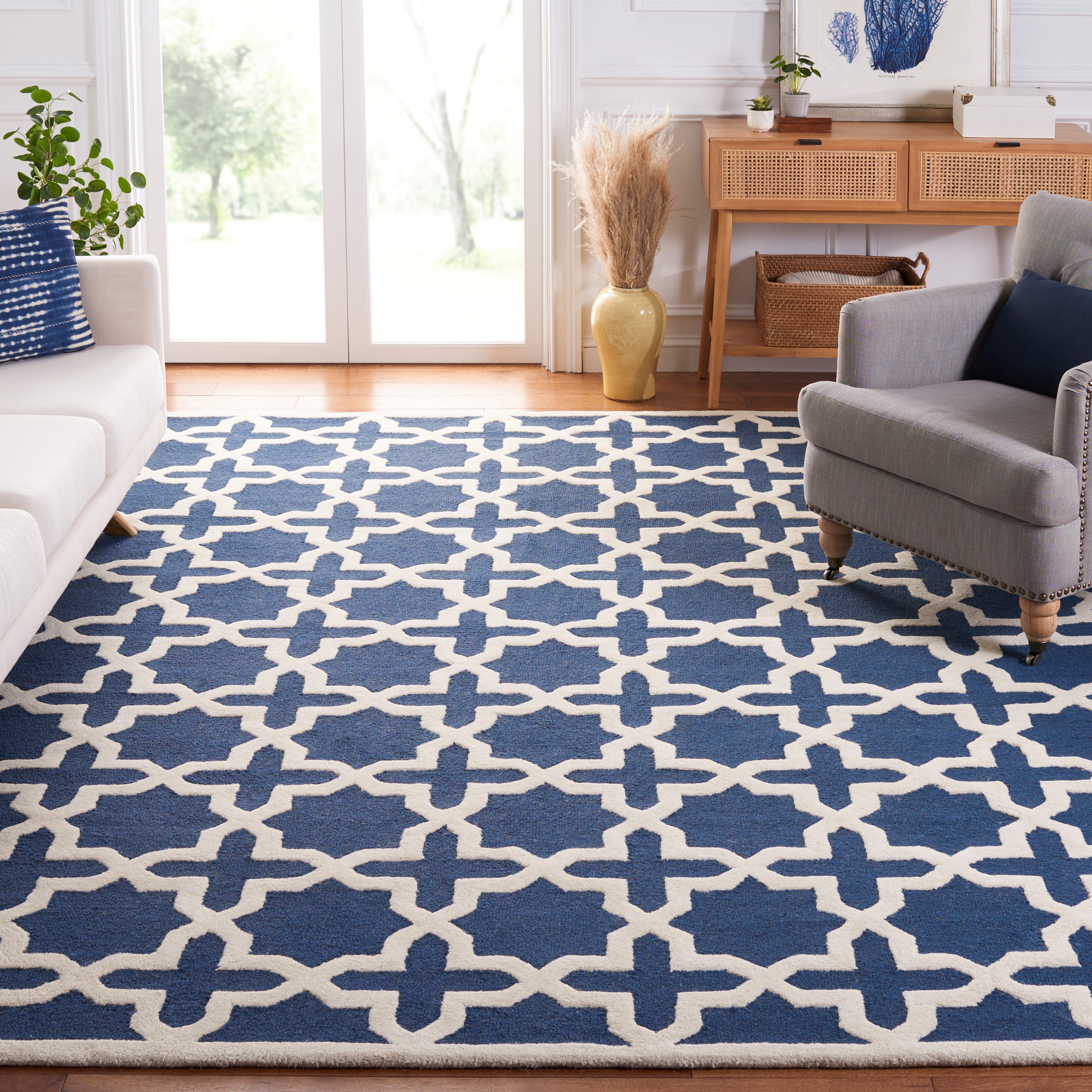 Navy Blue and Ivory Hand-Tufted Wool 9' x 12' Area Rug