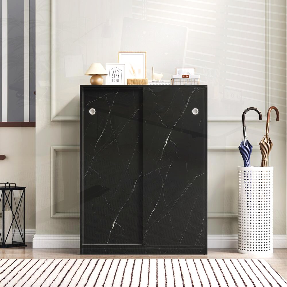 SunJet Black Marble Shoe Cabinet with Sliding Doors 6 Tier Storage for up to 30 Pairs of Shoes