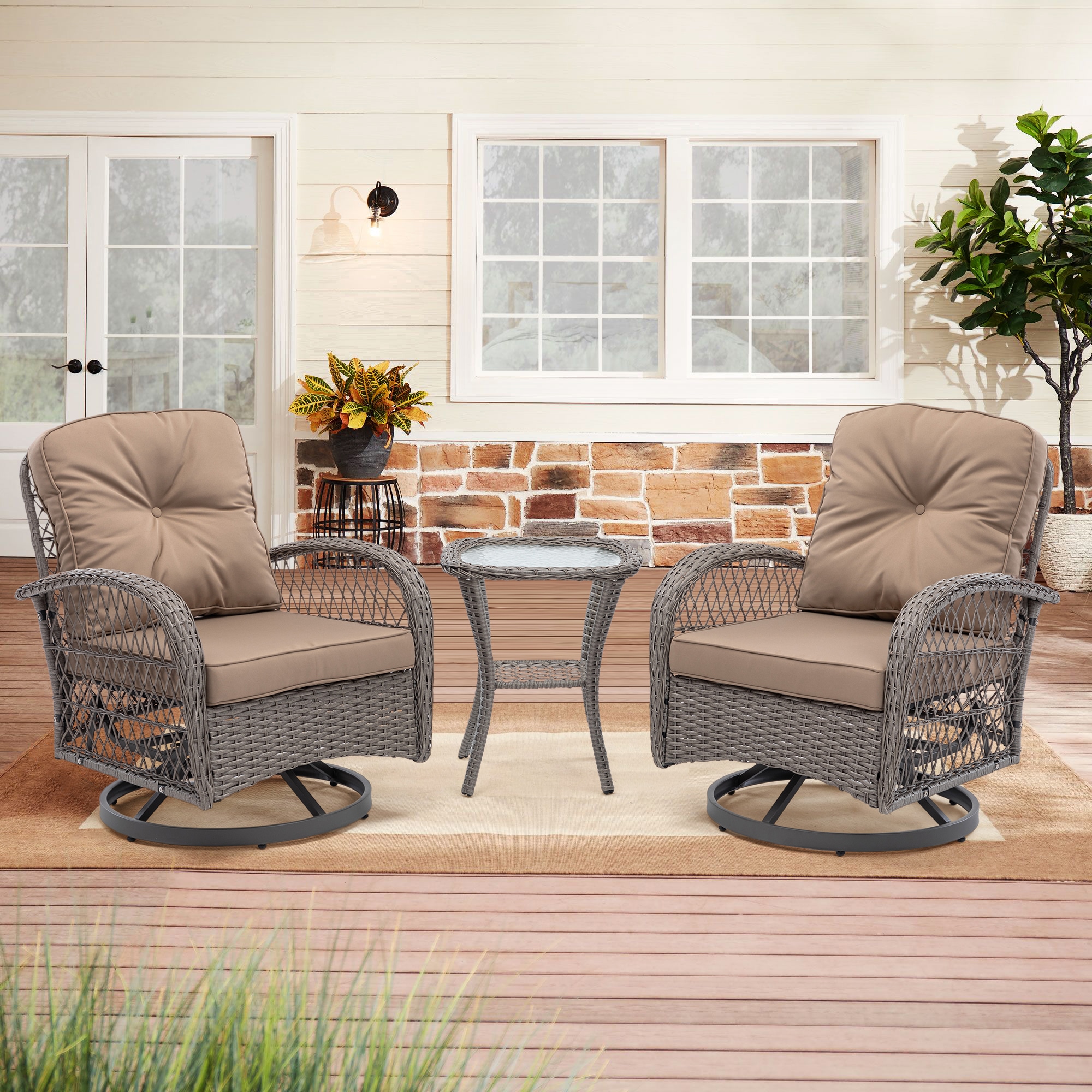 Fun Orange FUNS2HW14 3 -Piece Wicker Patio Conversation Set with Brown Cushions