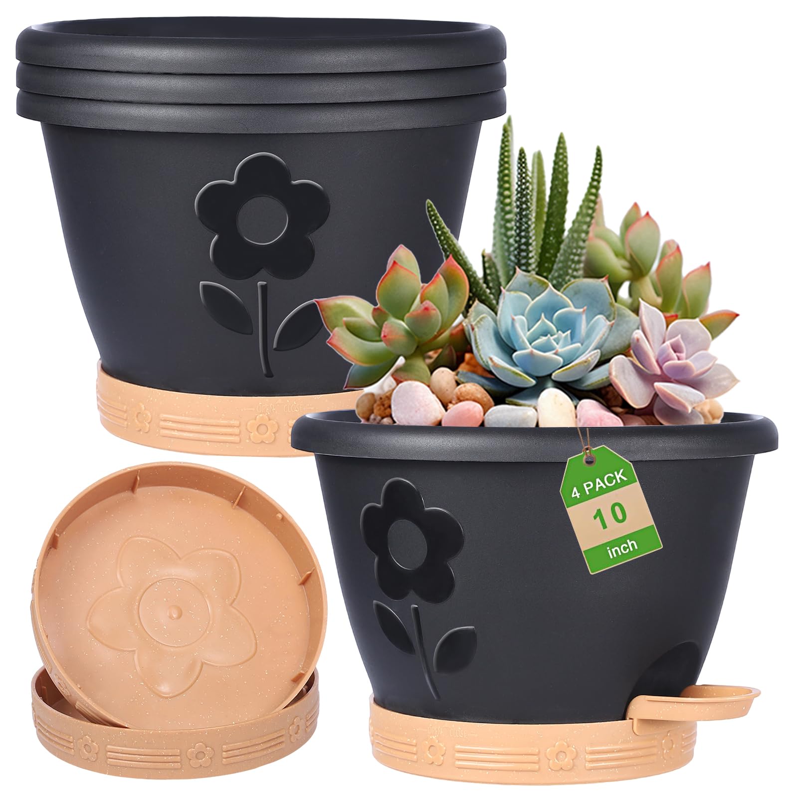 Phewnyzo -  Plastic Plant Pots 10 Inch Set of 4 Self Watering Flower Pots with Drainage Holes and...