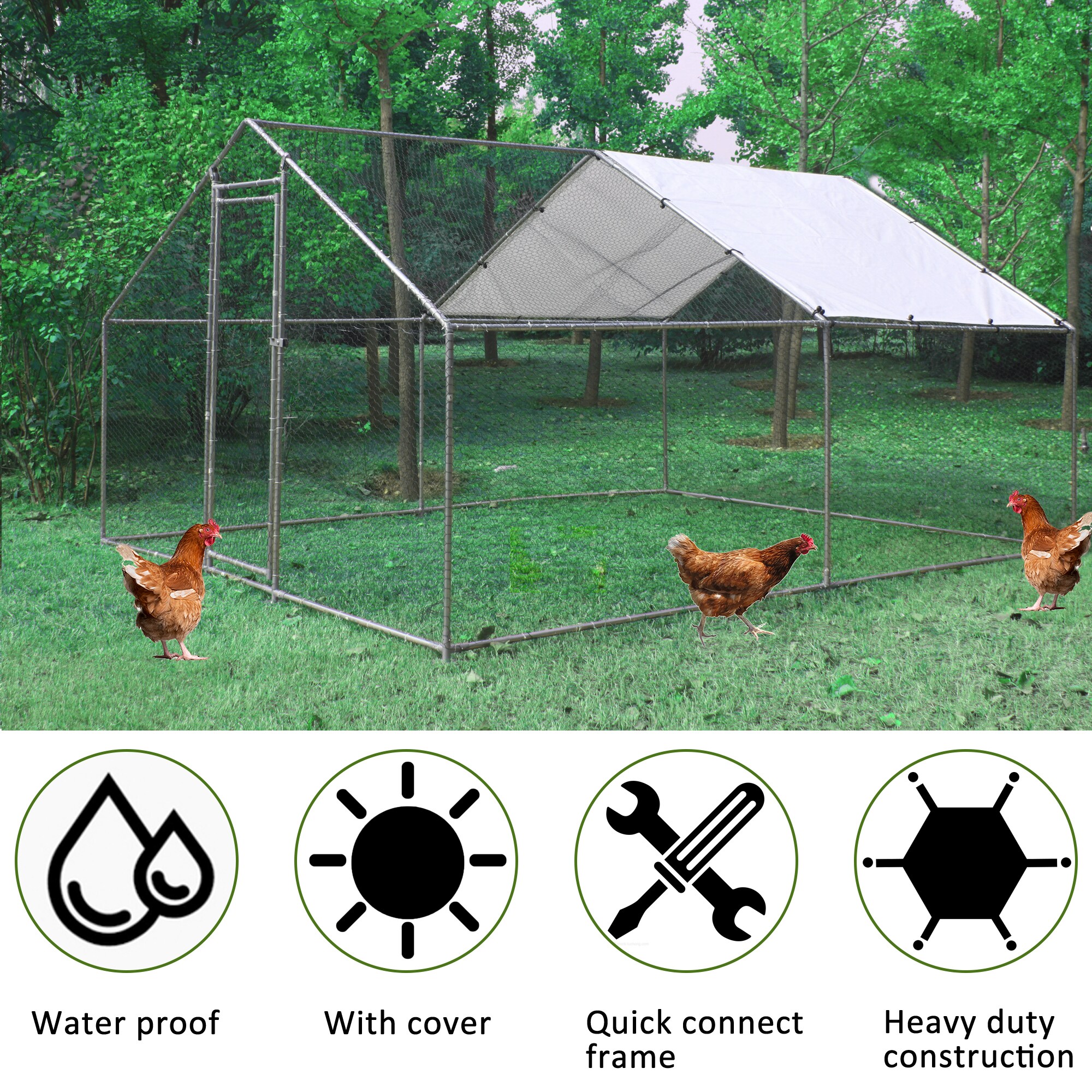 Kahomvis Metal Chicken Coop - Silver, Large Size, Removable PE Cover ...