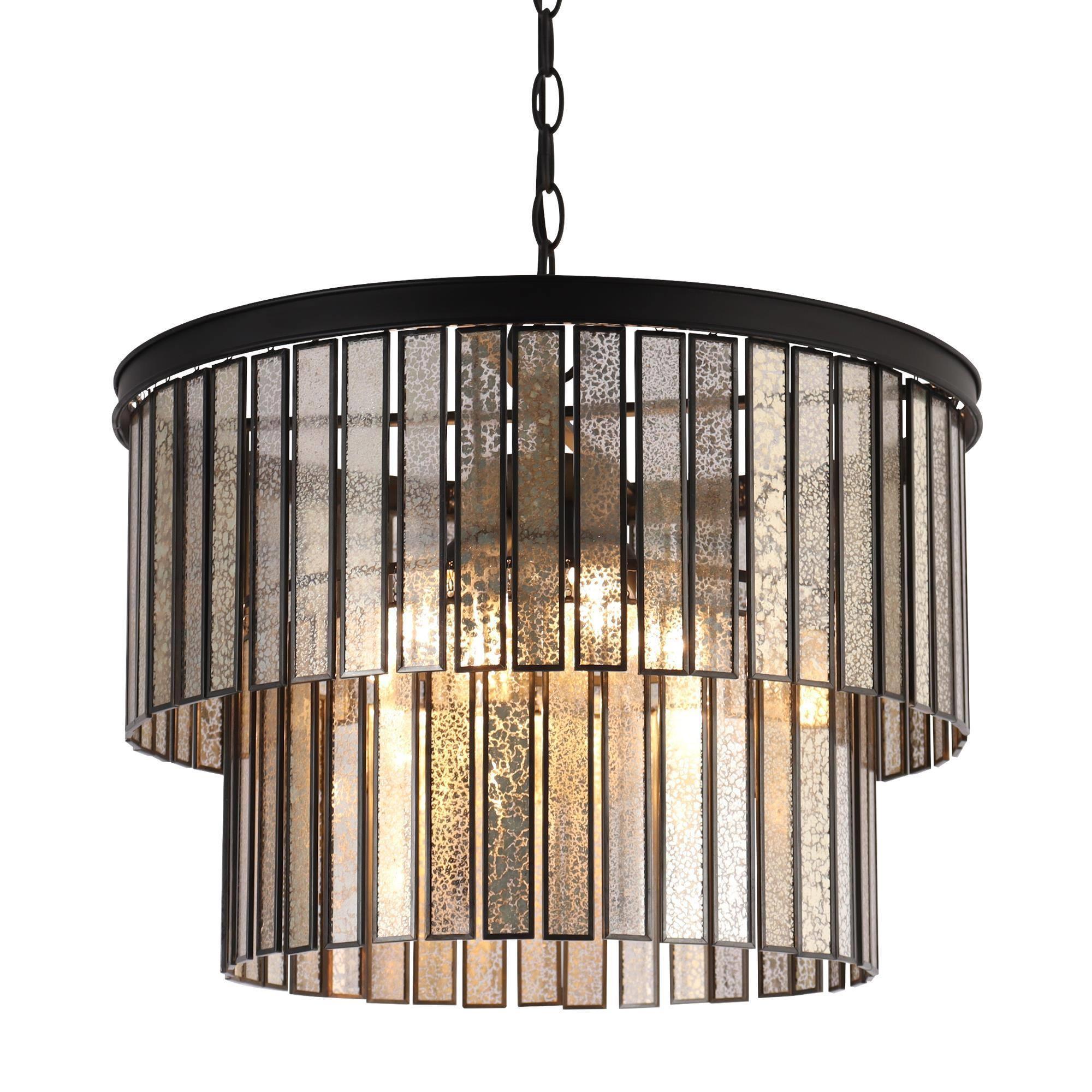 Elegant 18" Matte Black Drum Chandelier with Mercury Glass
