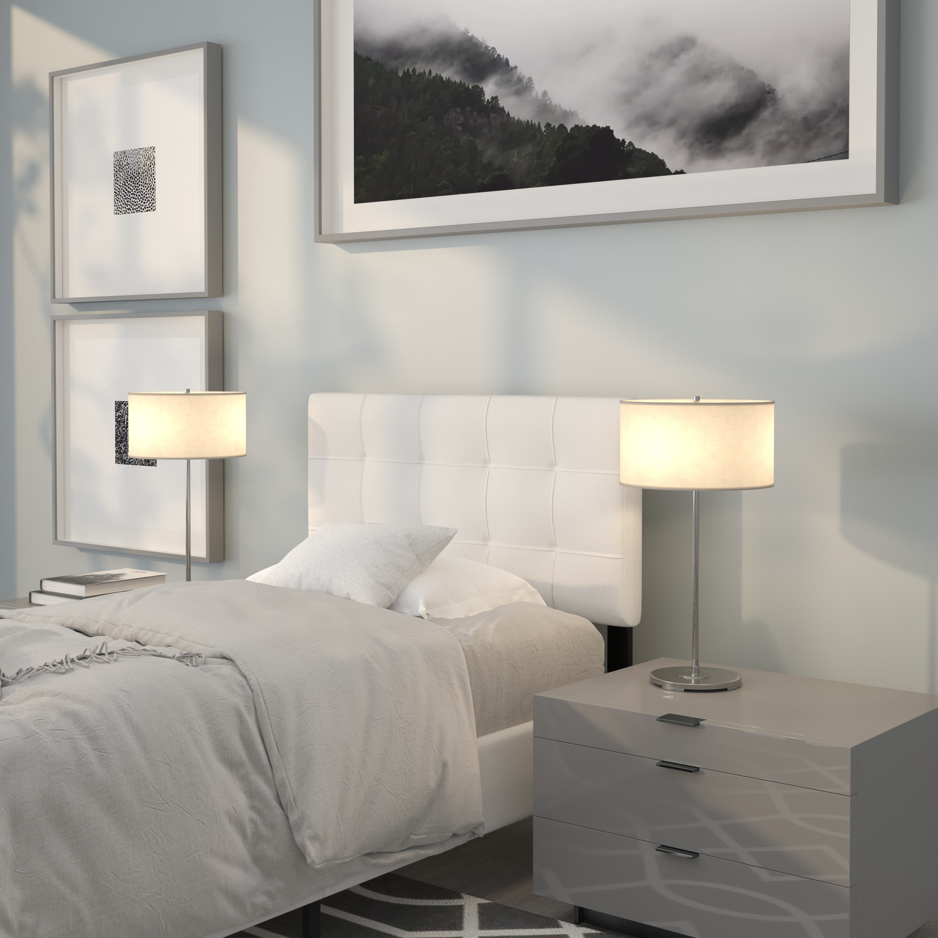 Emma + Oliver Quilted Tufted Upholstered Twin Size Headboard in White Fabric
