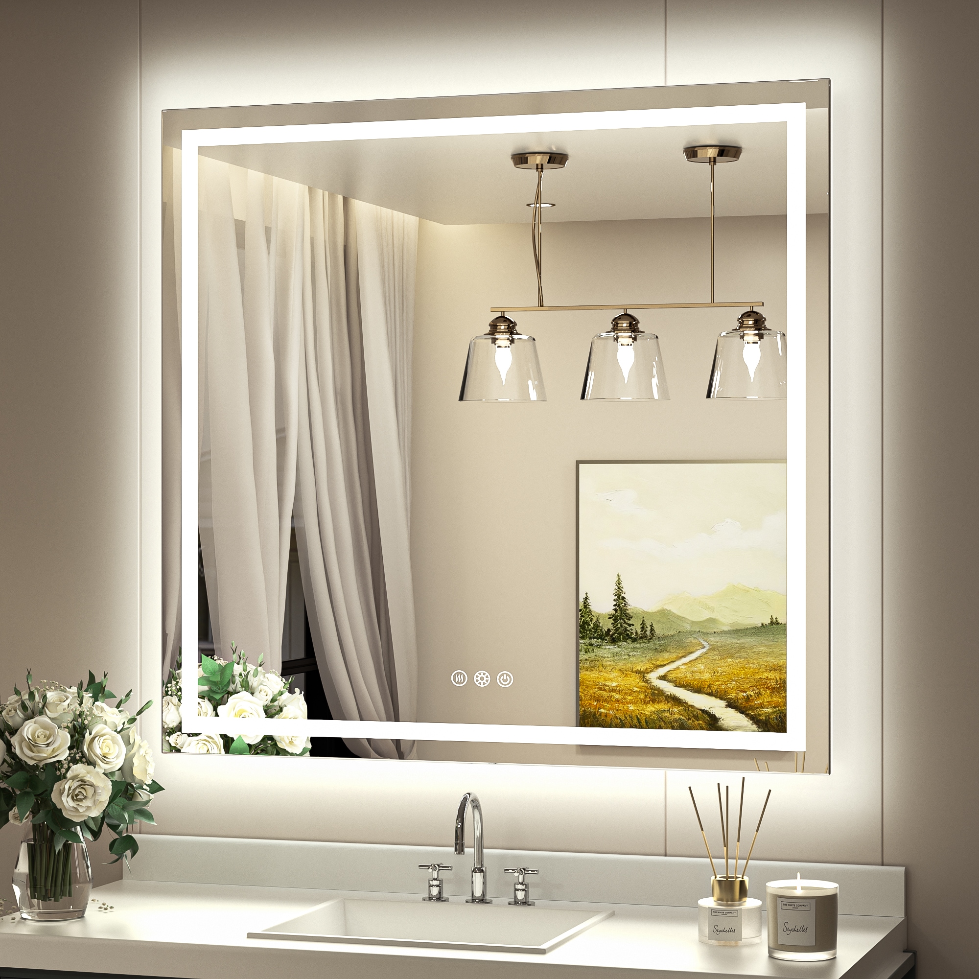 Keonjinn LW-JZ-ZBGSSW2-9191 Bathroom Mirrors 36-in x 36-in Polished Frameless Square Dimmable LED Lighted Fog Free Bathroom Vanity Mirror ( Bright White )
