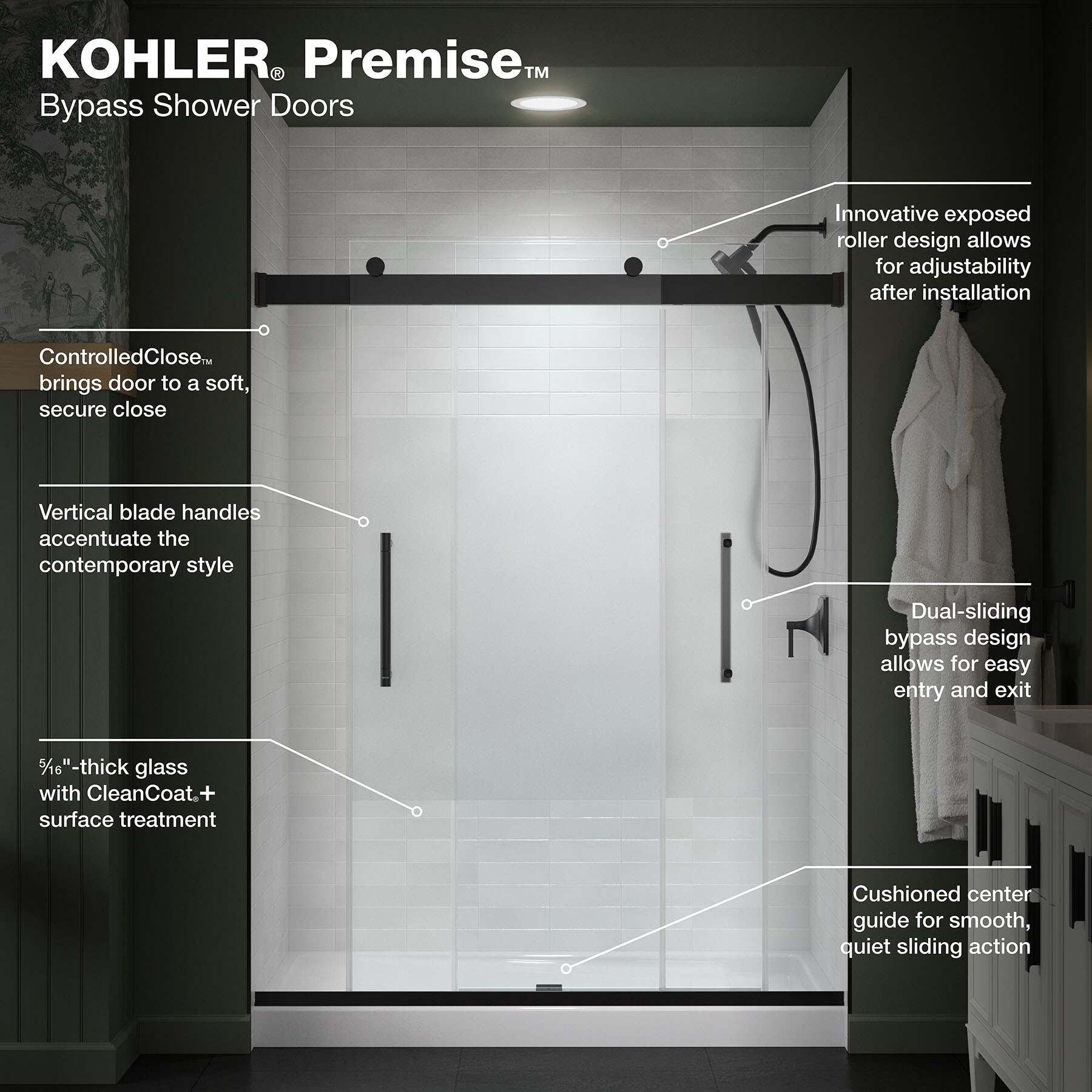 KOHLER Premise Matte Black 56-in to 60-in W x 75.75-in H Frameless ...