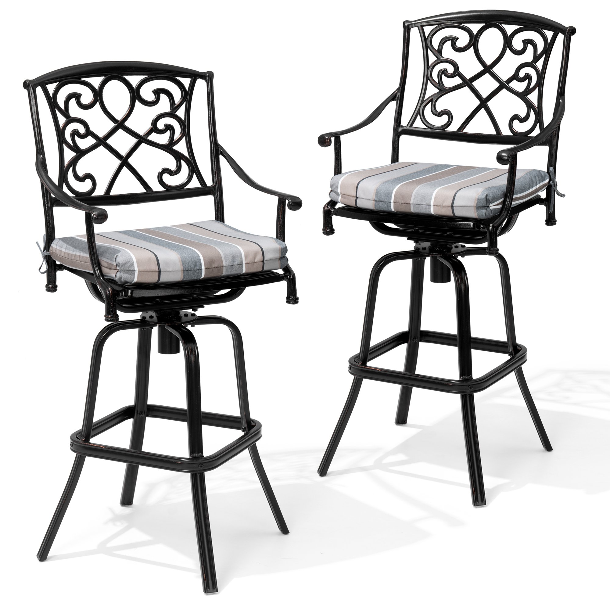 Crestlive Products CL-ST003CHA-2 Cast Aluminum Frame Height Swivel Bar Stool Set of 2 Brown Aluminum Frame Stationary Bar Stool Chair with Brown Cushioned Seat
