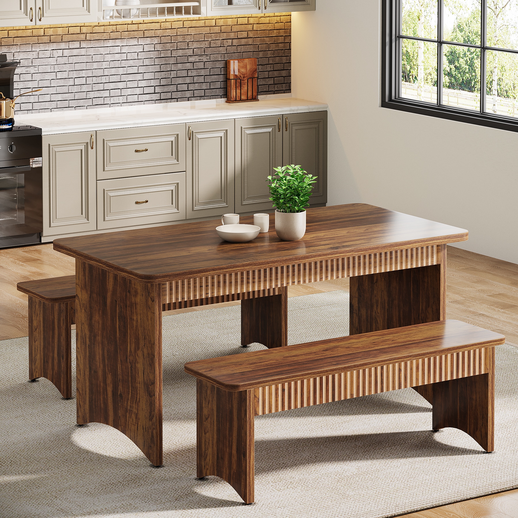 Fnova LWTJ-F1996 Rustic Brown Farmhouse Dining Table, MDF with Wood finish Wood 55.12-in L x 29.53-in H
