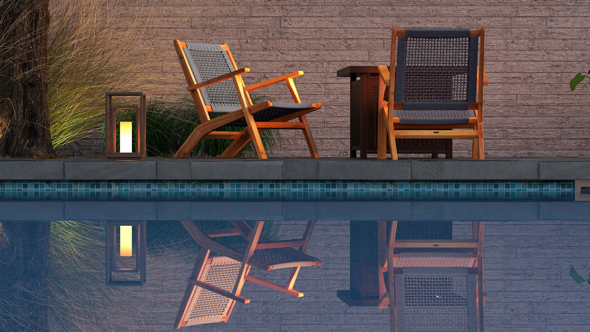 Vega Midcentury Natural Acacia Wood Outdoor Chair with Gray Cording