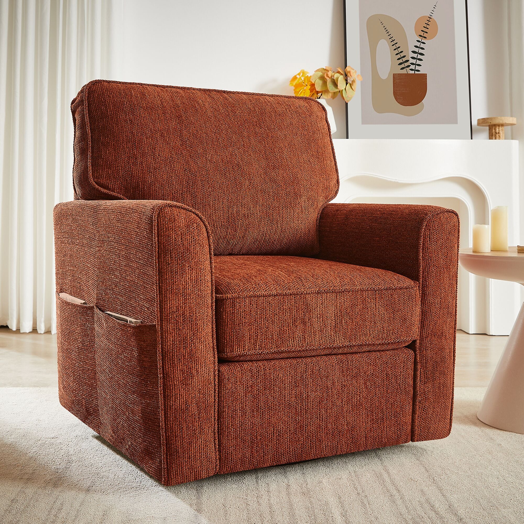LOVMOR SF-L-N719P283037J 360° Swivel Chair Accent Barrel Armchair Swivel Sofa Chair with Side Pockets for Living Room