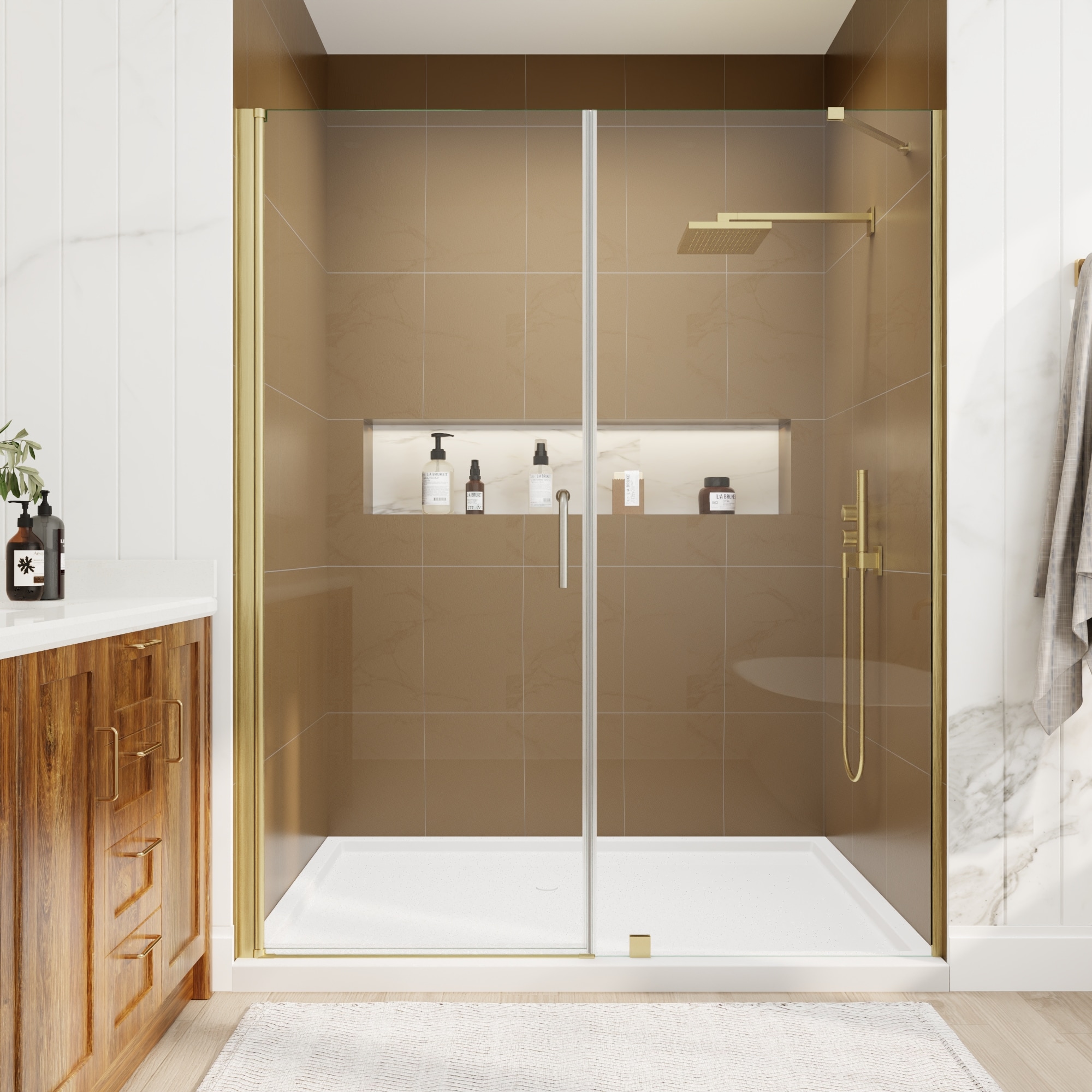 ANGELES HOME  60-in to 60 5/8-in W x 72-in H Brushed Gold Semi-frameless 28-in Walk-Through Width Pivot Shower Door
