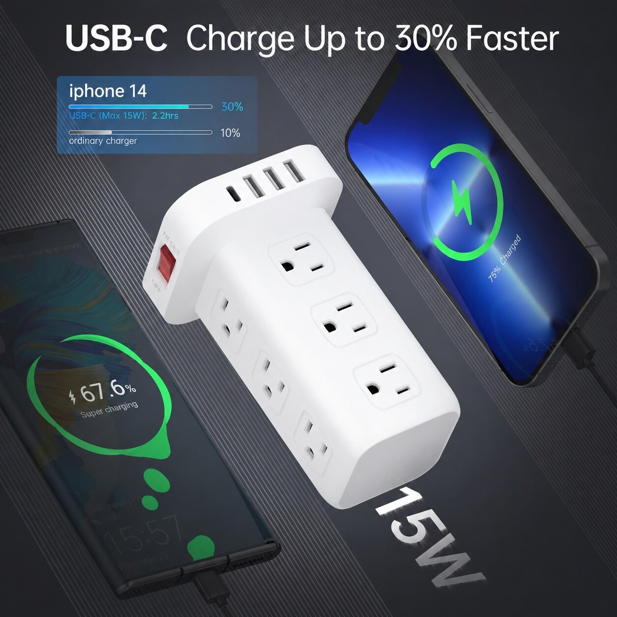 Phewnyzo Power Strip Tower Surge Protector 16 Outlet 12 AC and 4 USB ...