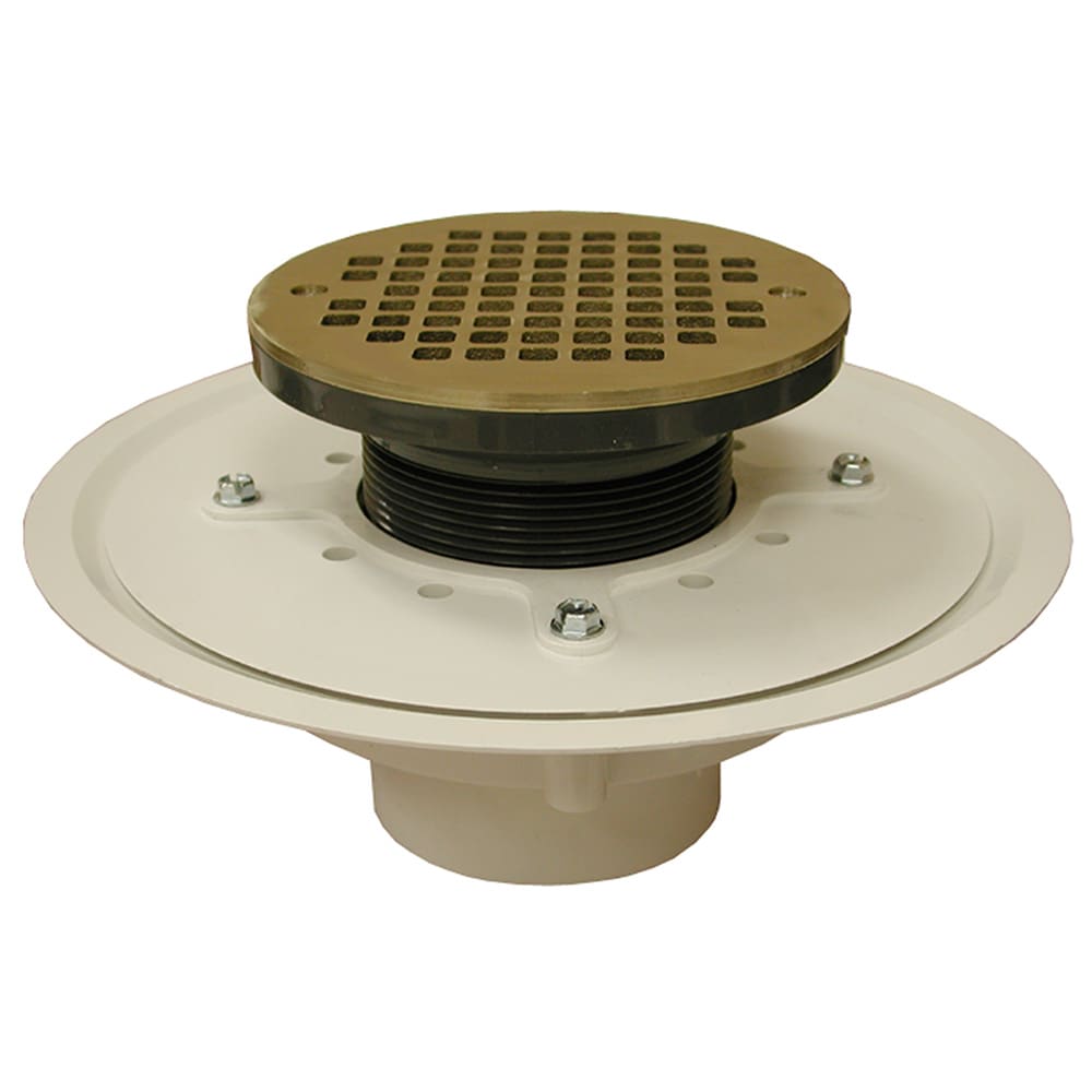 Jones Stephens D50048 3 inch Heavy Duty PVC Floor Drain Base with 3-1/2 inch Plastic Spud, 10 inch Pan and 6 inch Nickel Bronze Round Strainer