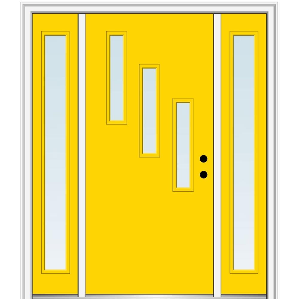 MMI DOOR ZZ349278L Spotlights 60-in x 80-in x 6-9/16-in Fiberglass Pulse lite Left-hand inswing Yellow Flash Painted Prehung Front Door with Sidelights with Brickmould Insulating core