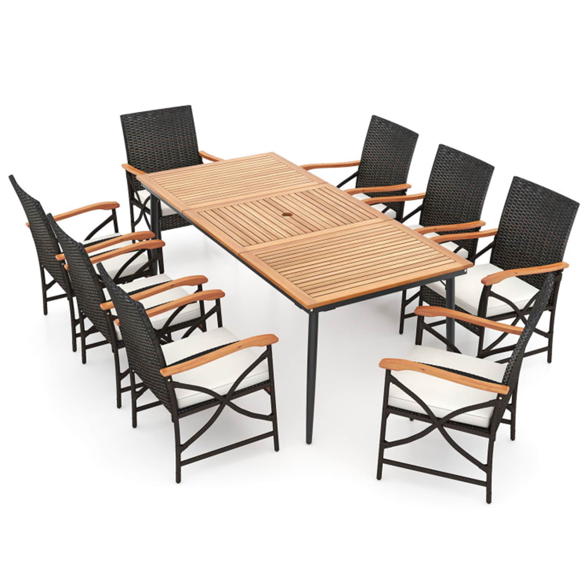 BABOOM BOM-7873AAA-OR Outdoor Furniture Set 9 -Piece Black Rattan Patio Dining Set Wood Rectangle Table with 8 Off-white Cushions Stationary Chairs