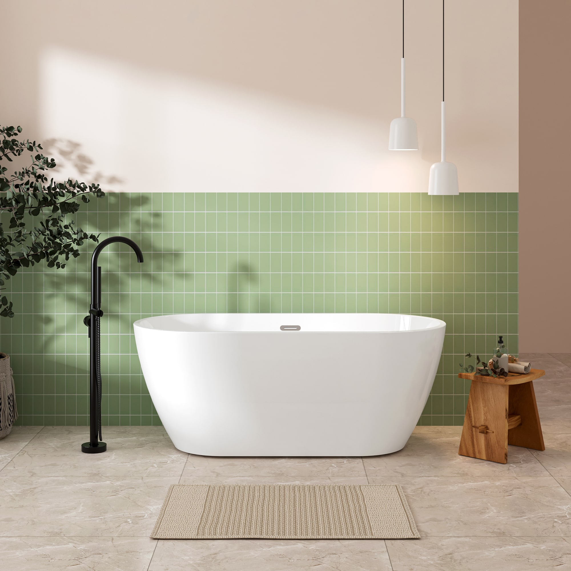 CASAINC CA260YKL 59'' Glossy Acrylic Freestanding Soaking Bathtub 28.5-in x 58.88-in Glossy White Acrylic Oval Freestanding Soaking bathtub with Drain ( Center Drain )