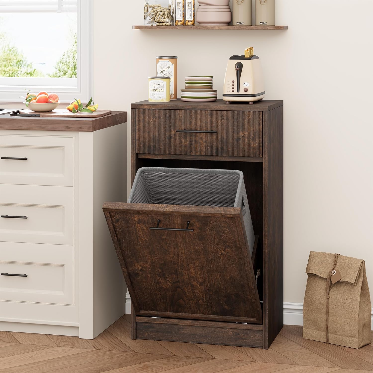 GAOMON - Fluted Tilt Out Trash Can Cabinet 10 Gallon Hidden Garbage Bin Wooden Storage Cabinet Br...