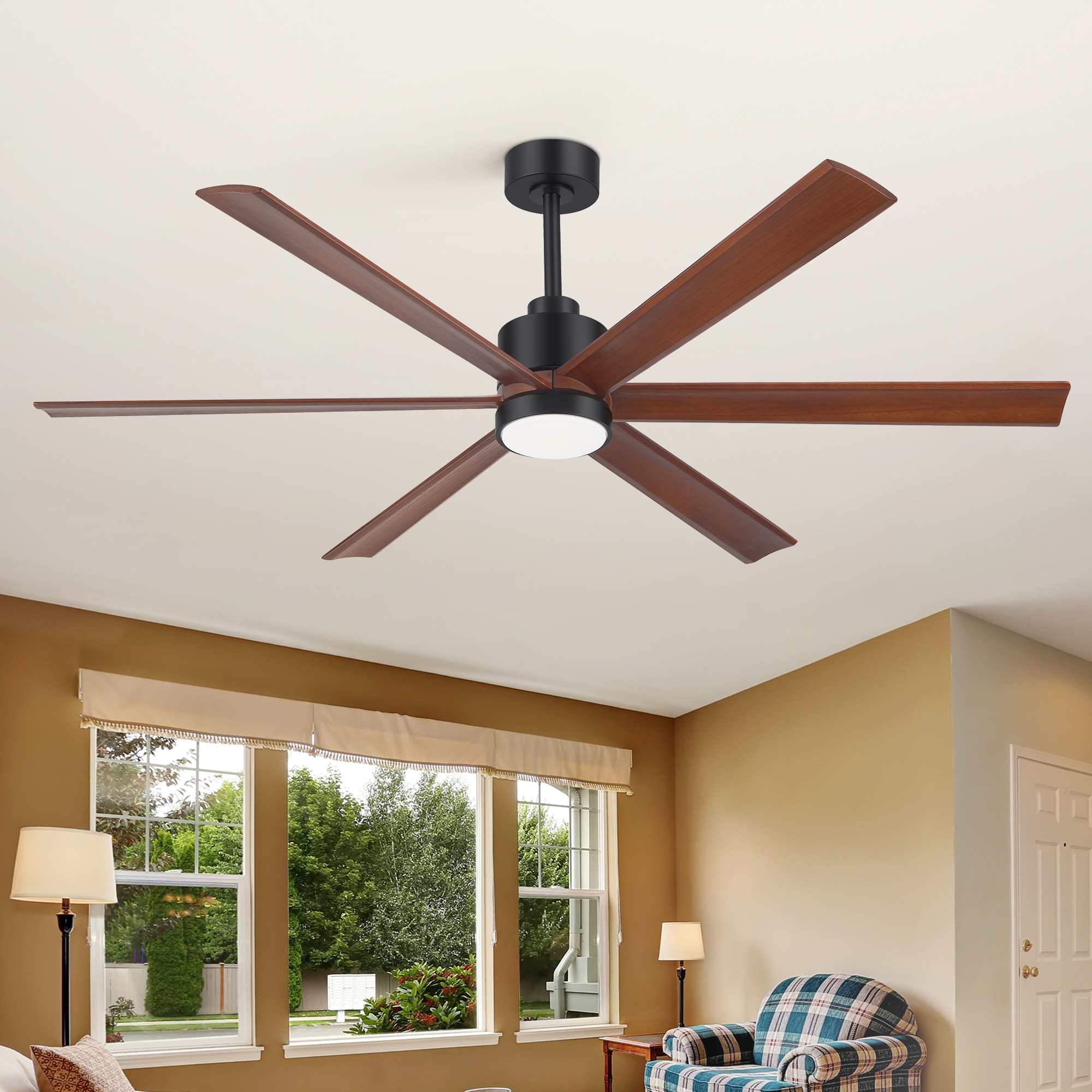 Flashwind 60-in Black Smart LED Downrod Mount Ceiling Fan With Light Remote Control And App Control Included 6 Blade