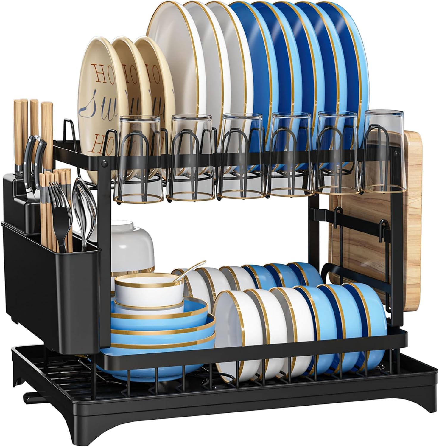 GarveeLife Dishwasher Storage and Drying Rack Stainless Steel Stand Multifunctional Kitchen Organizer with Knife Holder Cutting Board and Cutlery