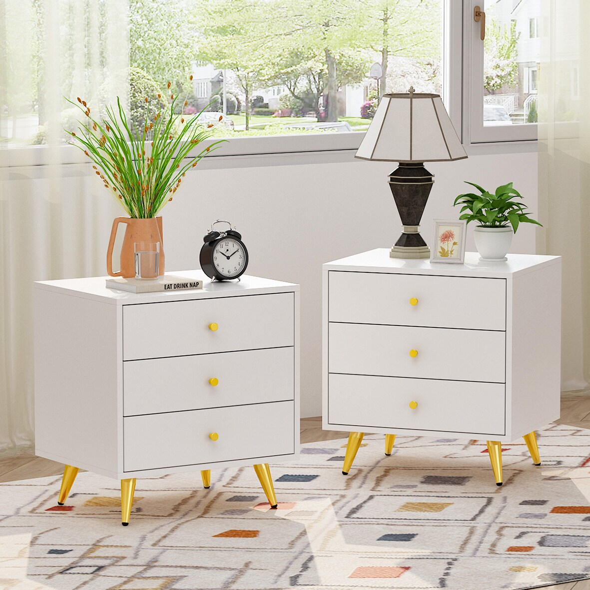 FUFU&GAGA 3-Drawer White Wood Chest of Drawers Bedside Table