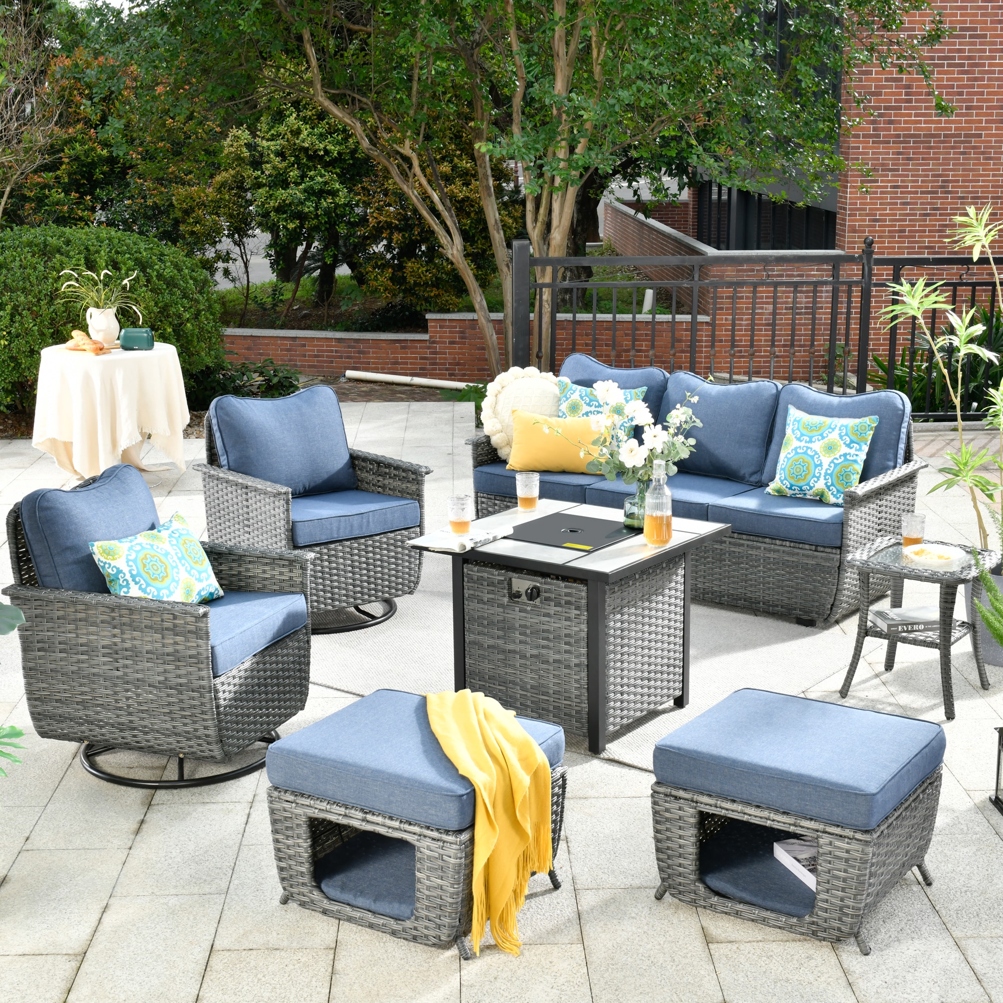 Pouuin SYZPET3007 7 -Piece Patio Sofa Conversation Set with Blue