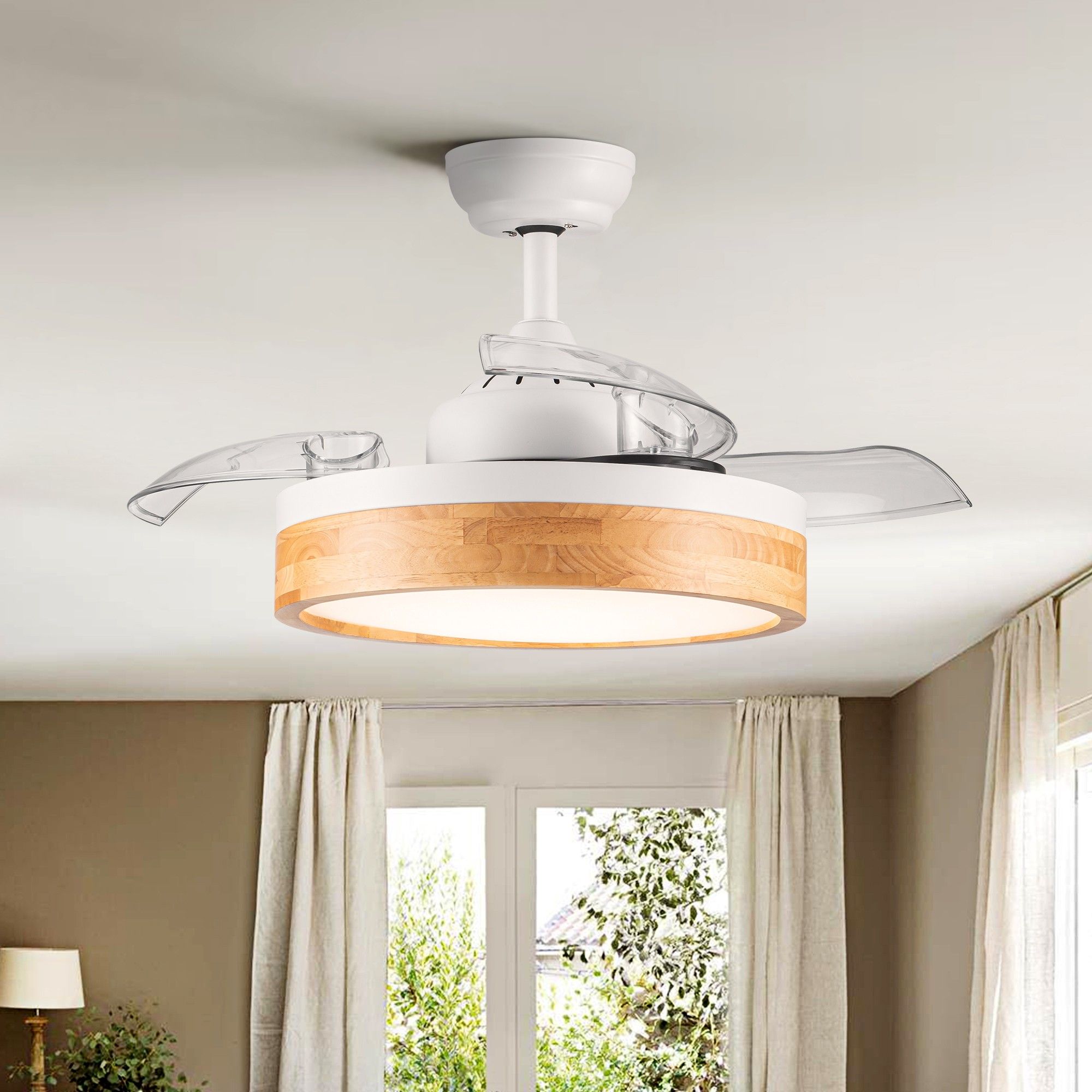 Yiekholo LL-0128AAK 36-Inches White with Clear Blades Color-Changing Indoor Downrod mount Standard Ceiling Fan With Light and Remote ( 3 -Blade)