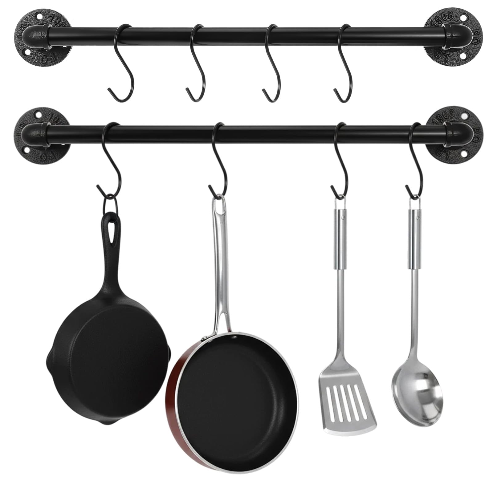 Adrinfly  21 Inch Wall Mounted Pot Rack Set with 10 Hooks Black Iron Industrial Pipe Kitchen Utensil Organizer and Storage Solution for Pots Pans