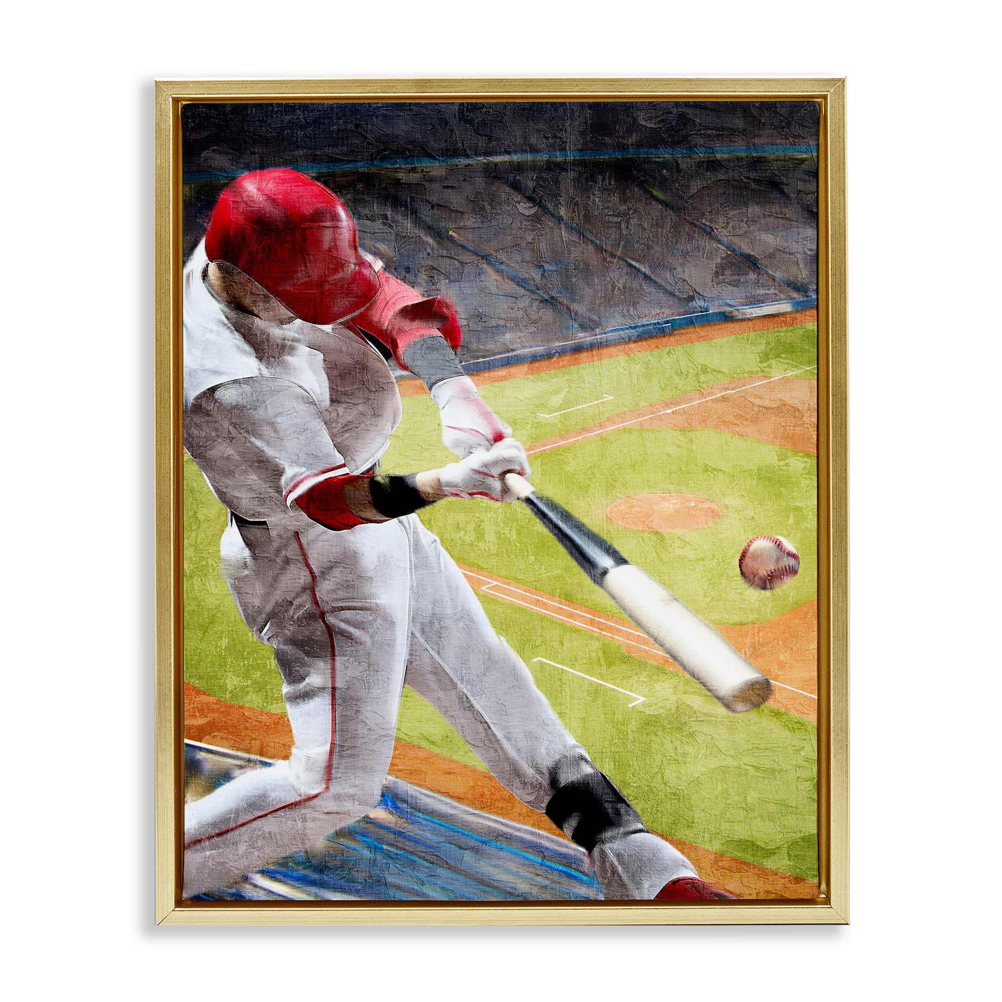 Stupell Industries BS-091-FFG-24X30 Athlete Hitting Baseball Gold Framed Floater Canvas Wall Art By Kim Allen 25 x 31