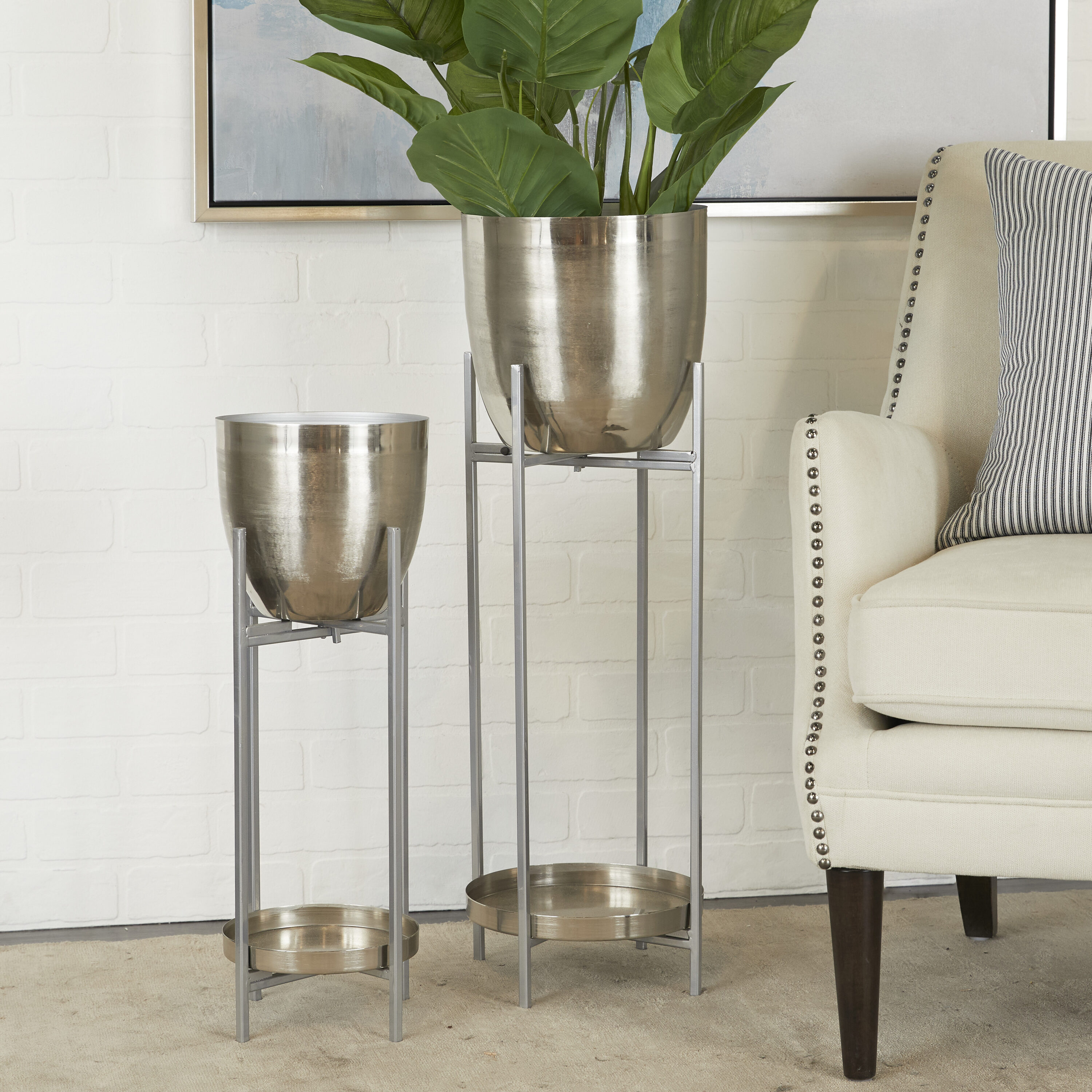 Grayson Lane 2 Pack Round 11 In W Large Silver Metal Contemporary Modern Indoor Planter Stand