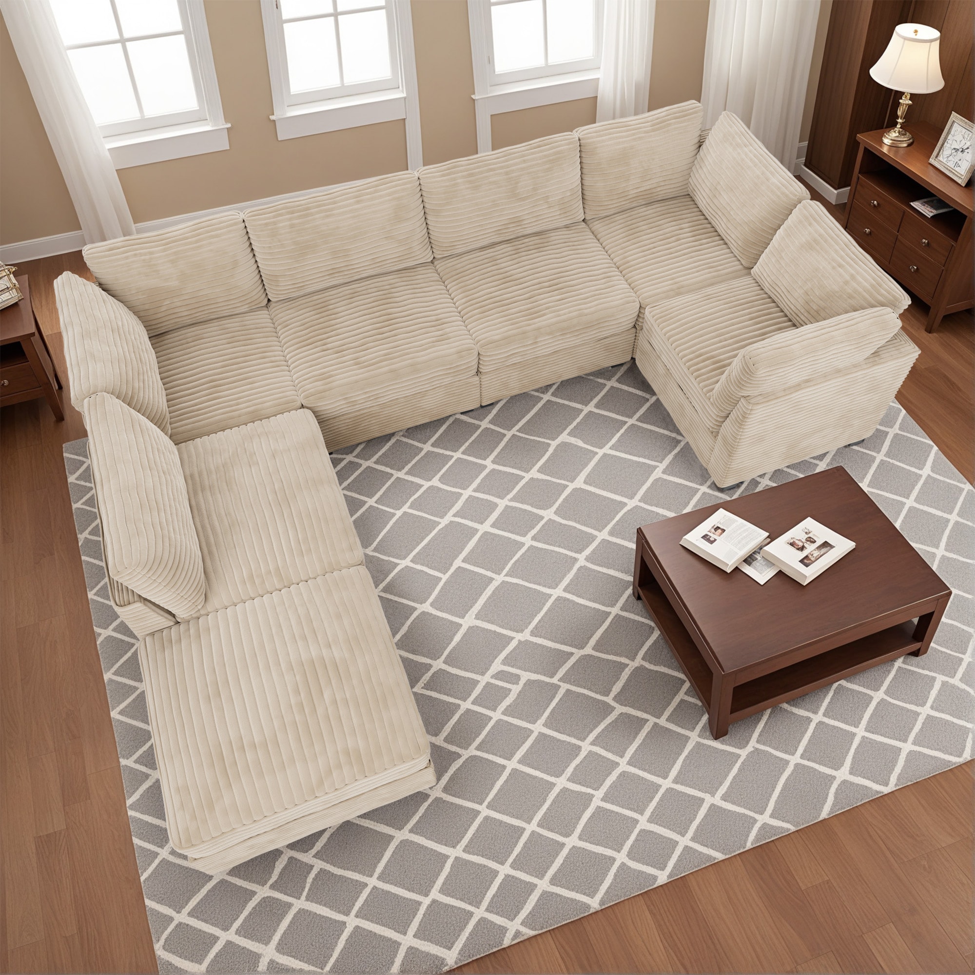 Caodoc L5-MYO707-4 130.8-Inches Modern Beige 7-seaters U-shape sofa for Livingroom Reclining Sofa