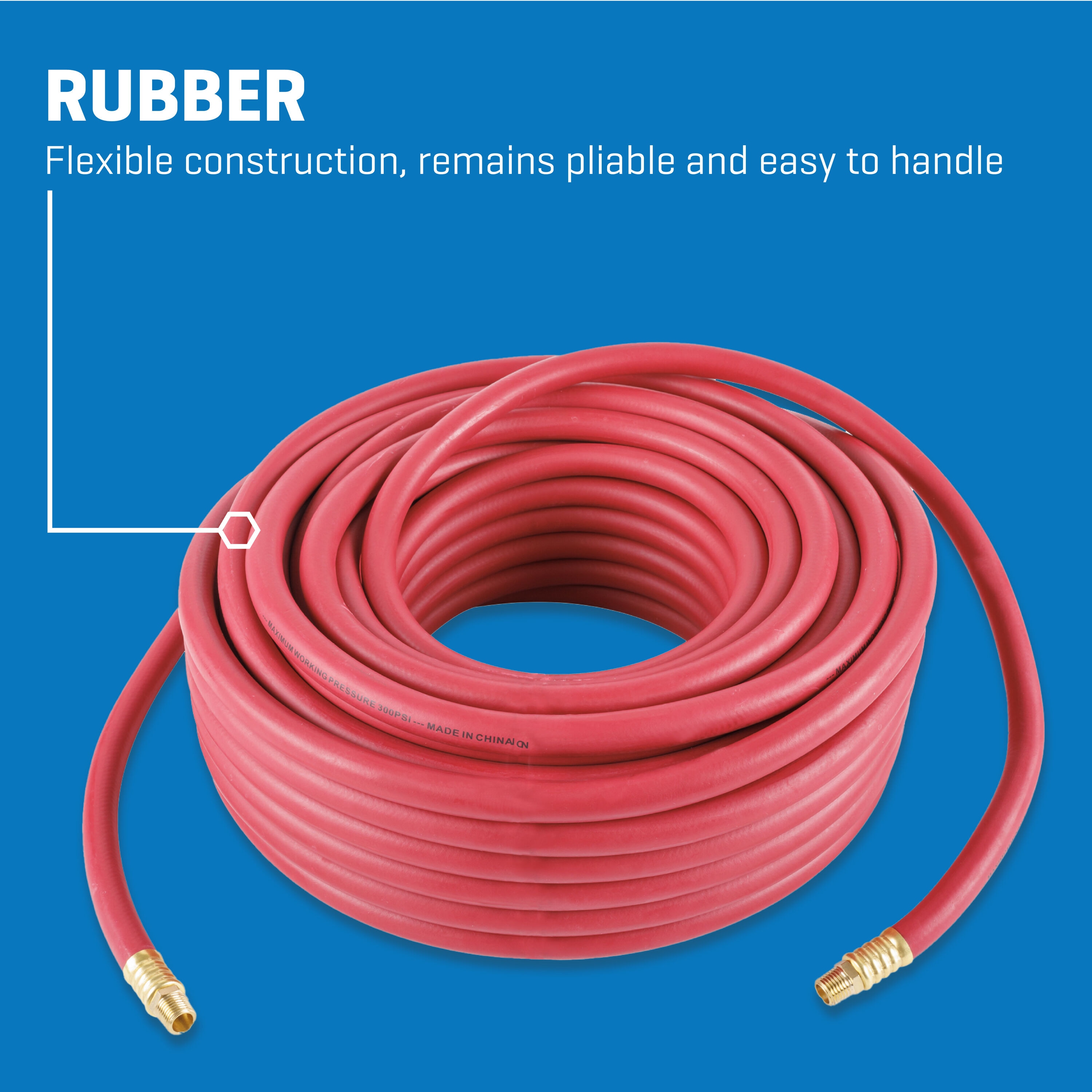 3/4 inch x 100 ft Red Rubber Air Hose with 3/4 Male Pipe Ends (npt thread)