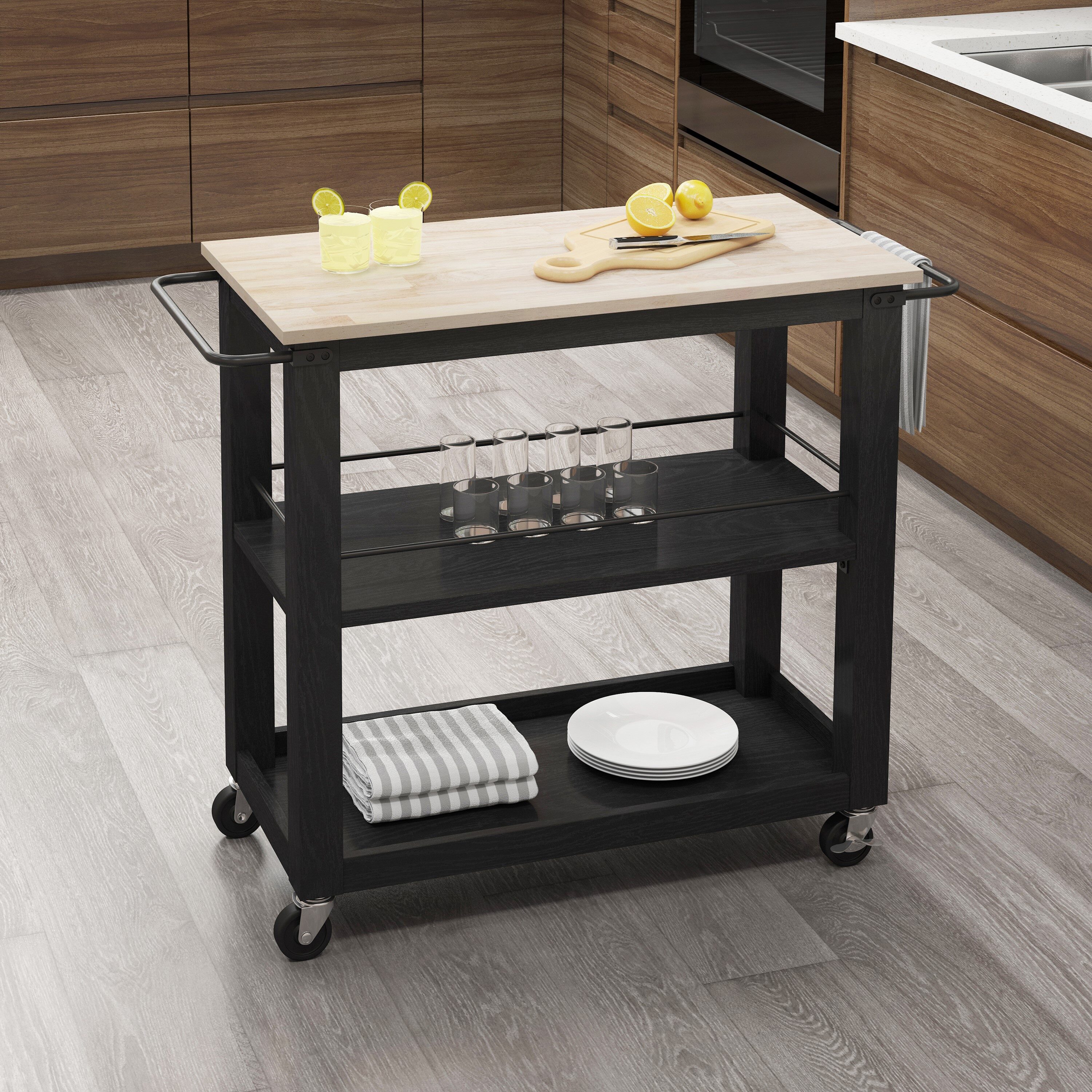 Origin 21 Black Mdf Base with Wood Top Rolling Kitchen Island (35.75-in x  18-in x 35-in) in the Kitchen Islands & Carts department at