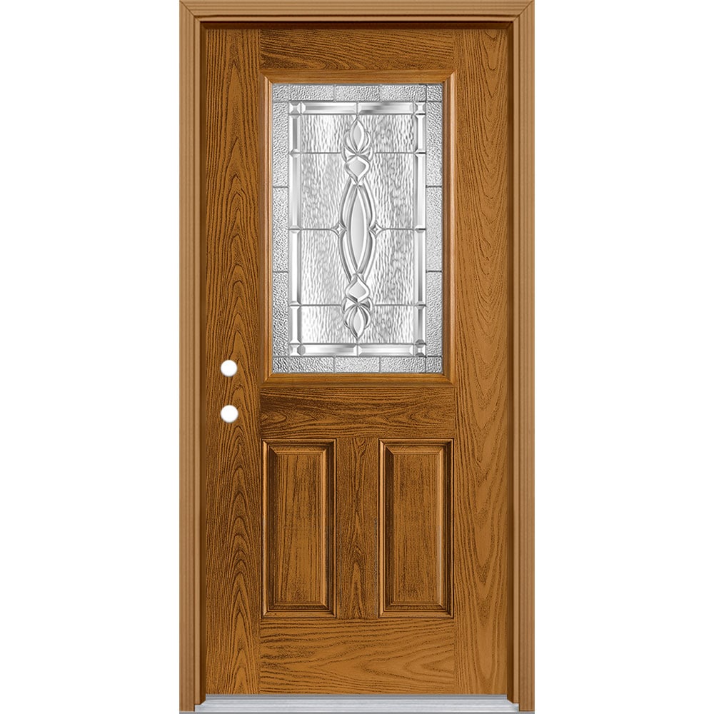 Masonite 3421728 Panama 36-in x 80-in x 4-9/16-in Fiberglass Half lite Right-hand inswing Oakcrest Stained Prehung Front Door with Brickmould Insulating core