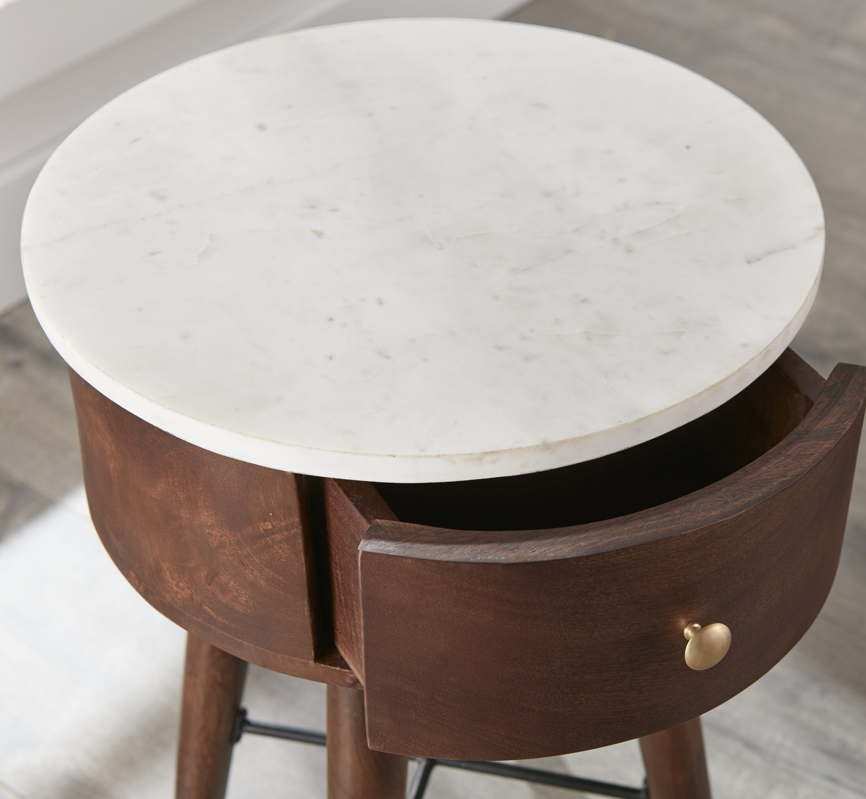 Bangalore 16" Brown Wood and White Marble Round End Table with Storage