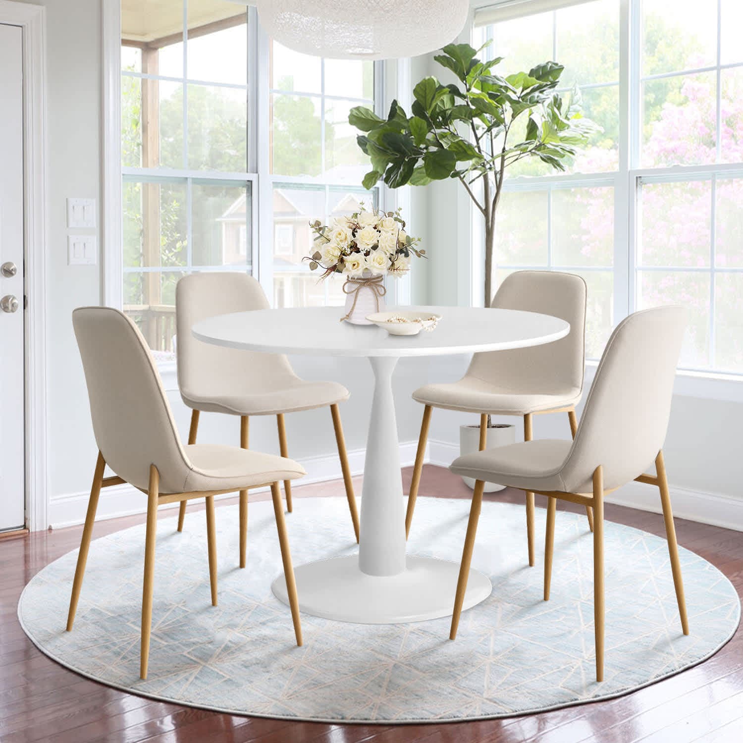Maison Boucle HAVEN90+OSLO-OAK-BGE 5 Piece Modern Round Dining Table Set with White Table and 4 Upholstered Beige Chairs For Kitchen