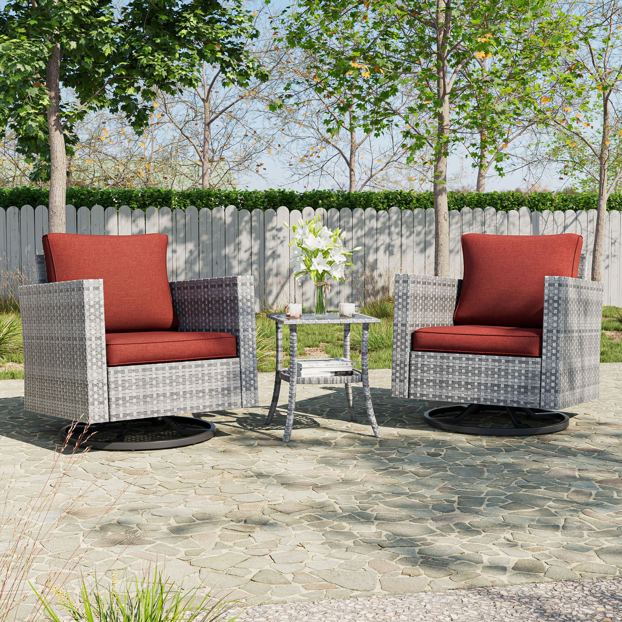 ACEGOSES LW-2RT2-HOG Skytop 3 -Piece Wicker Patio Conversation Set with Red Cushions