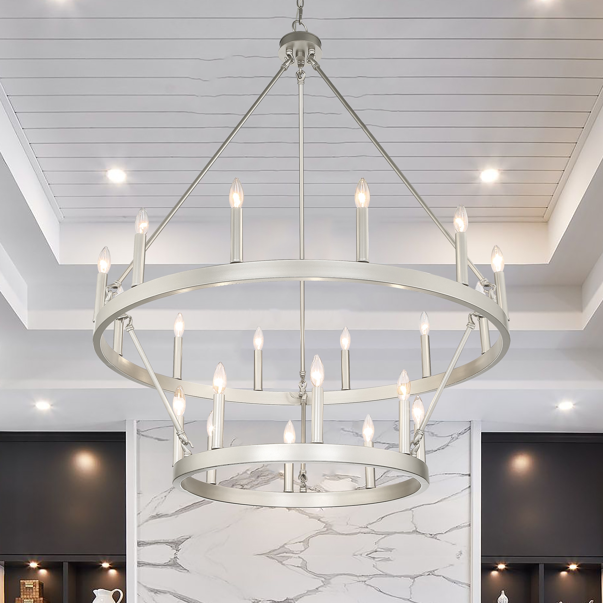 ACROMA 10588AS Nauvoo 20 -Light Satin Nickel Farmhouse Bare bulb For Use in Bedrooms, Dining Rooms, Foyers, Kitchens, Living Rooms Chandelier