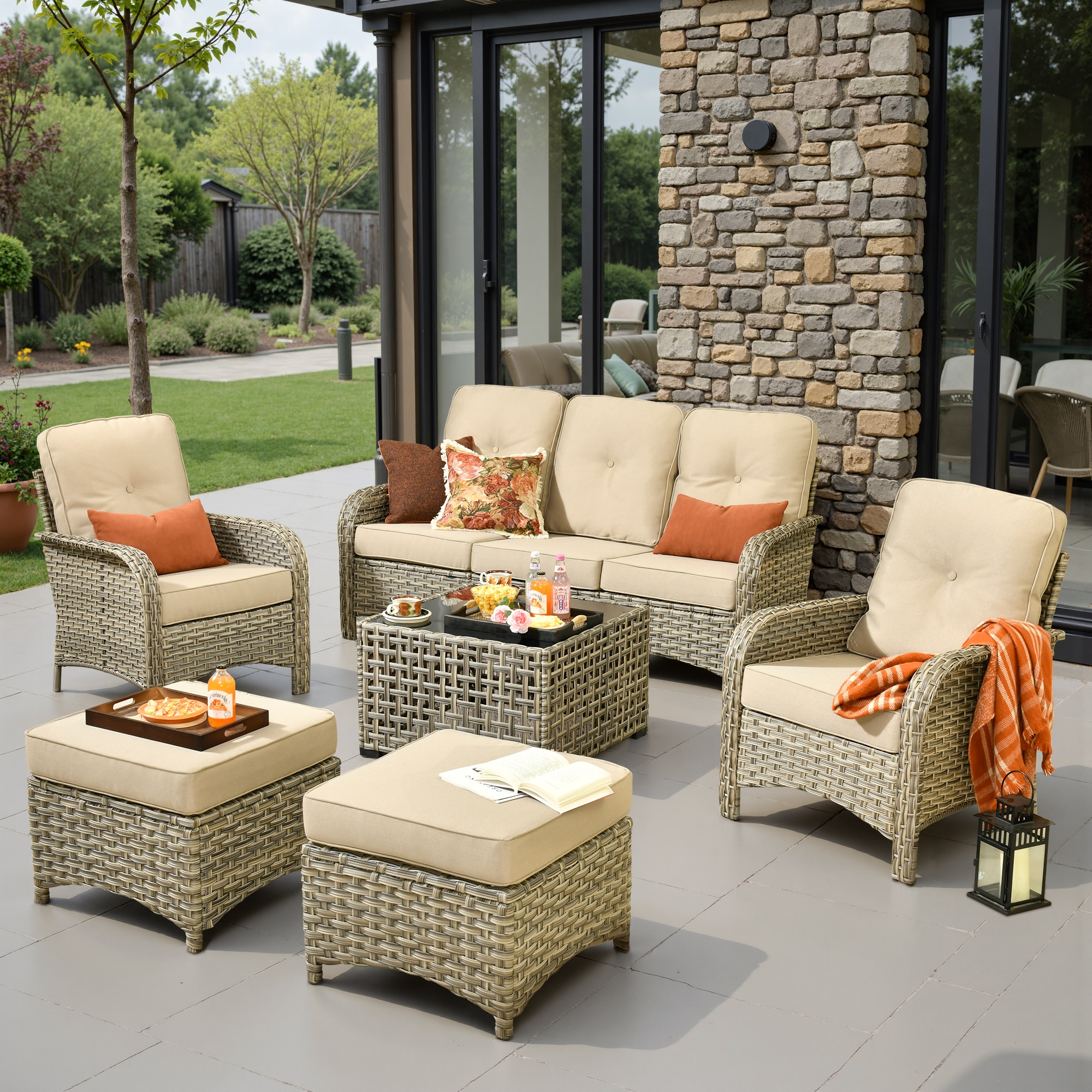 weaxty HMBVNC600S61 Belvoir 6 -Piece Wicker Patio Sofa Conversation Set with Off-white Cushions