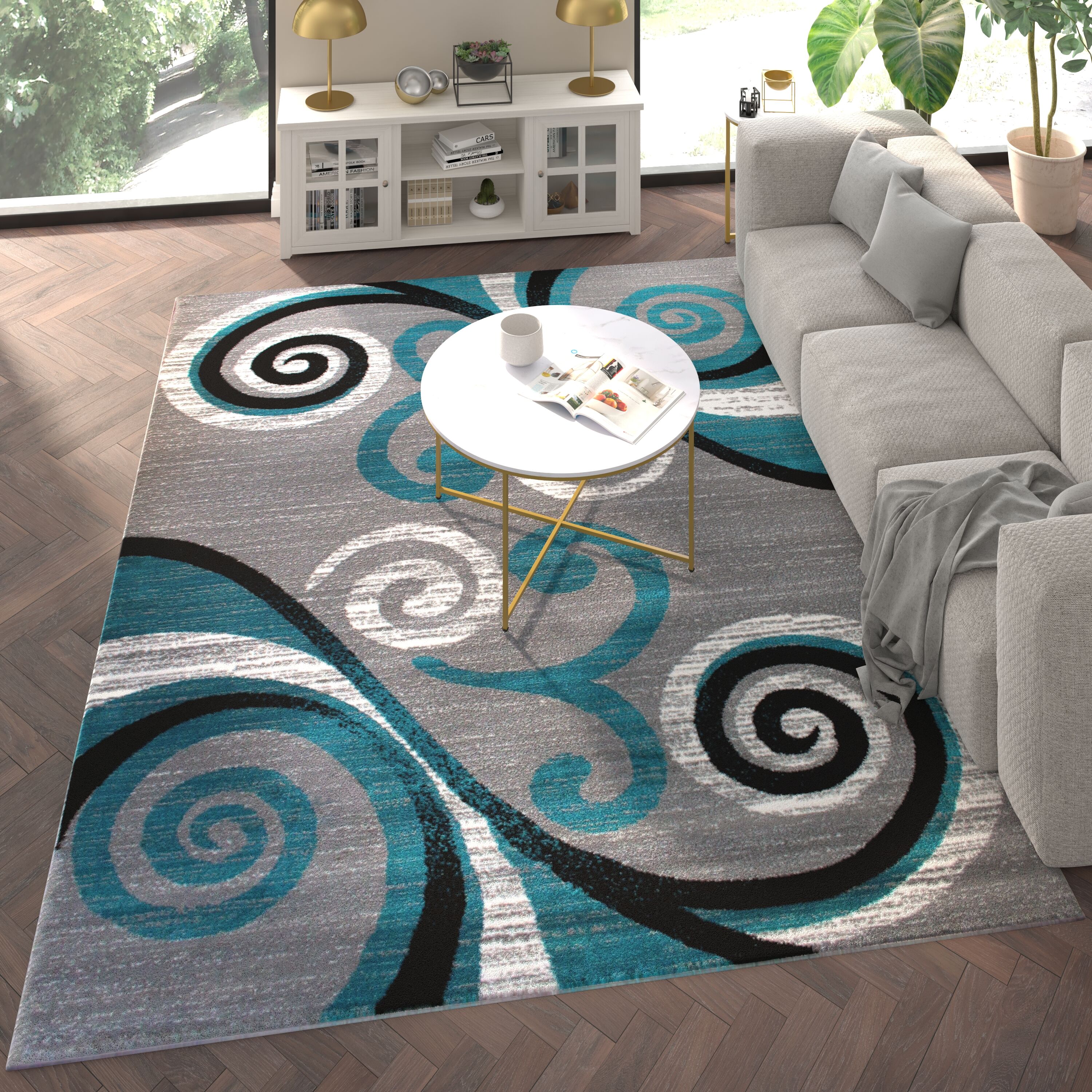 Emma + Oliver 840196369594 Helix 8x10 Scraped Look Ultra Soft Plush Pile Olefin Accent Rug in Turquoise; Gray; Black and White Swirl Pattern; Jute Backing