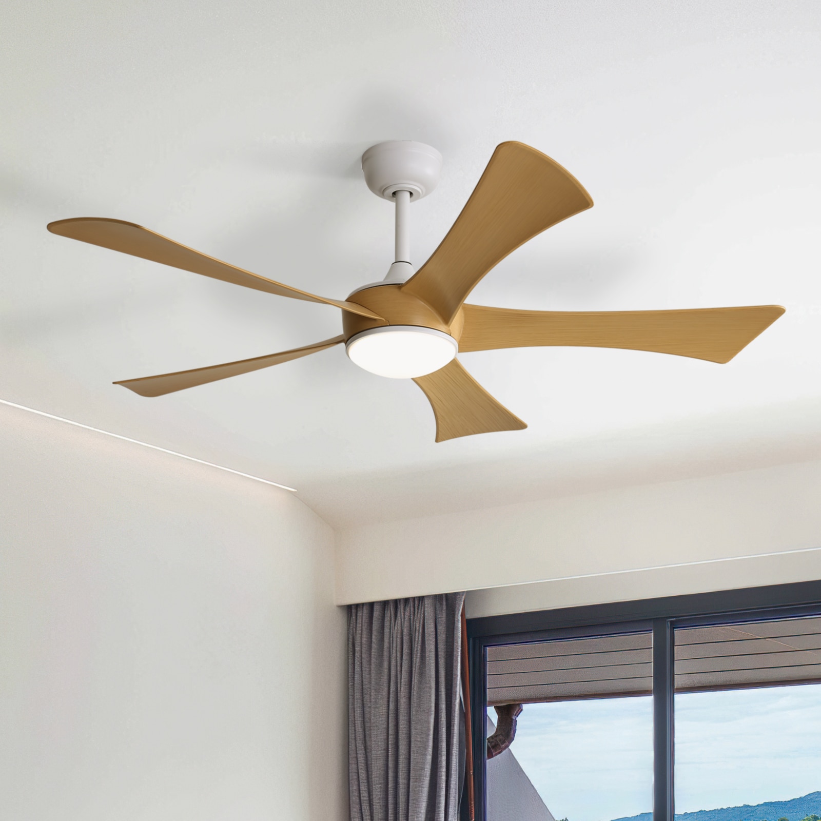52'' White and Light Brown Low Profile Ceiling Fan with Remote