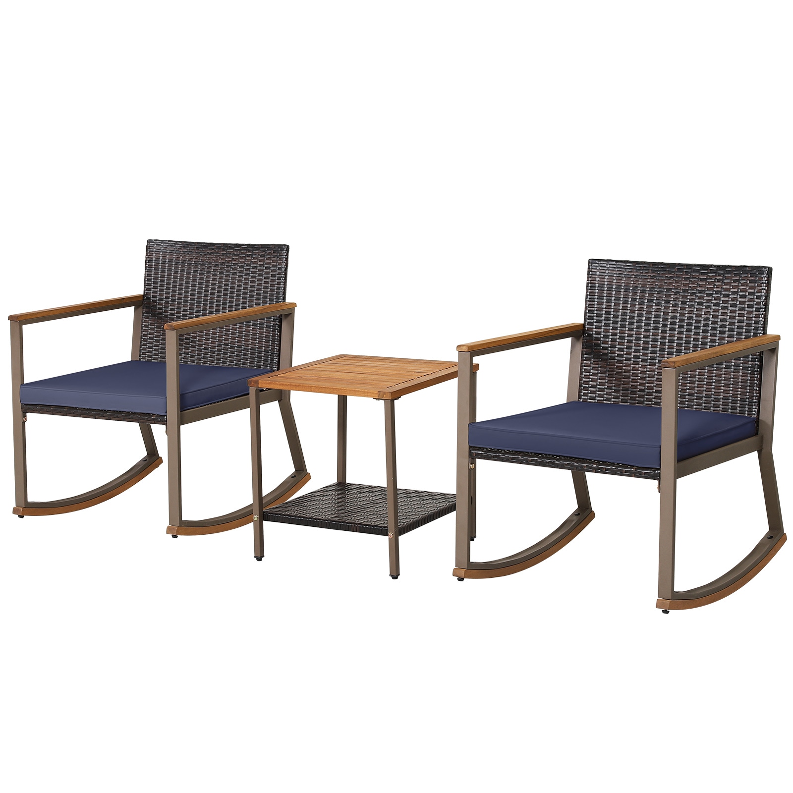 LIVIZA OUJ70901NY 3 -Piece Mix Brown Rattan Bistro Patio Dining Set Wood Square Table with 2 Navy Cushions Rocker Chairs