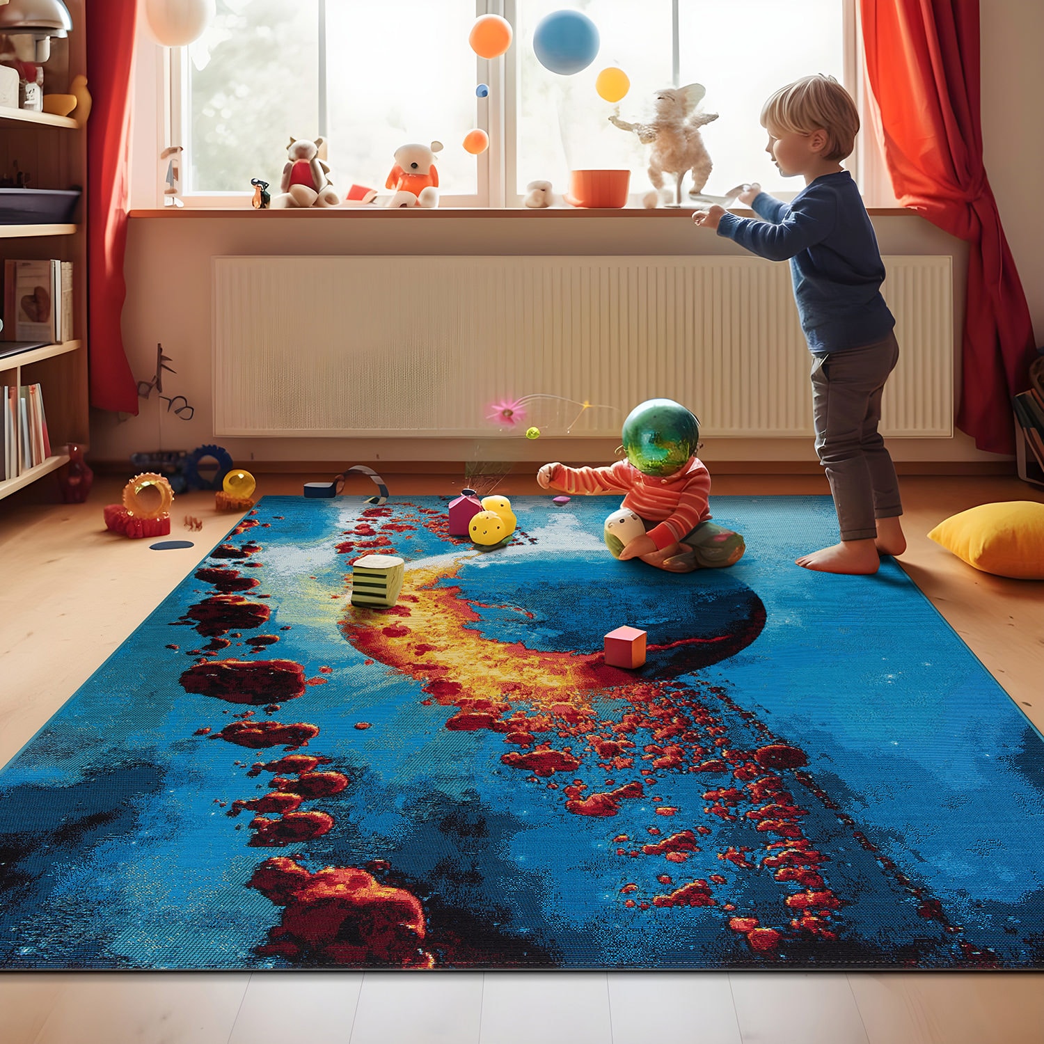 Galactic Wonder Blue and Red Synthetic Area Rug 5' x 7'