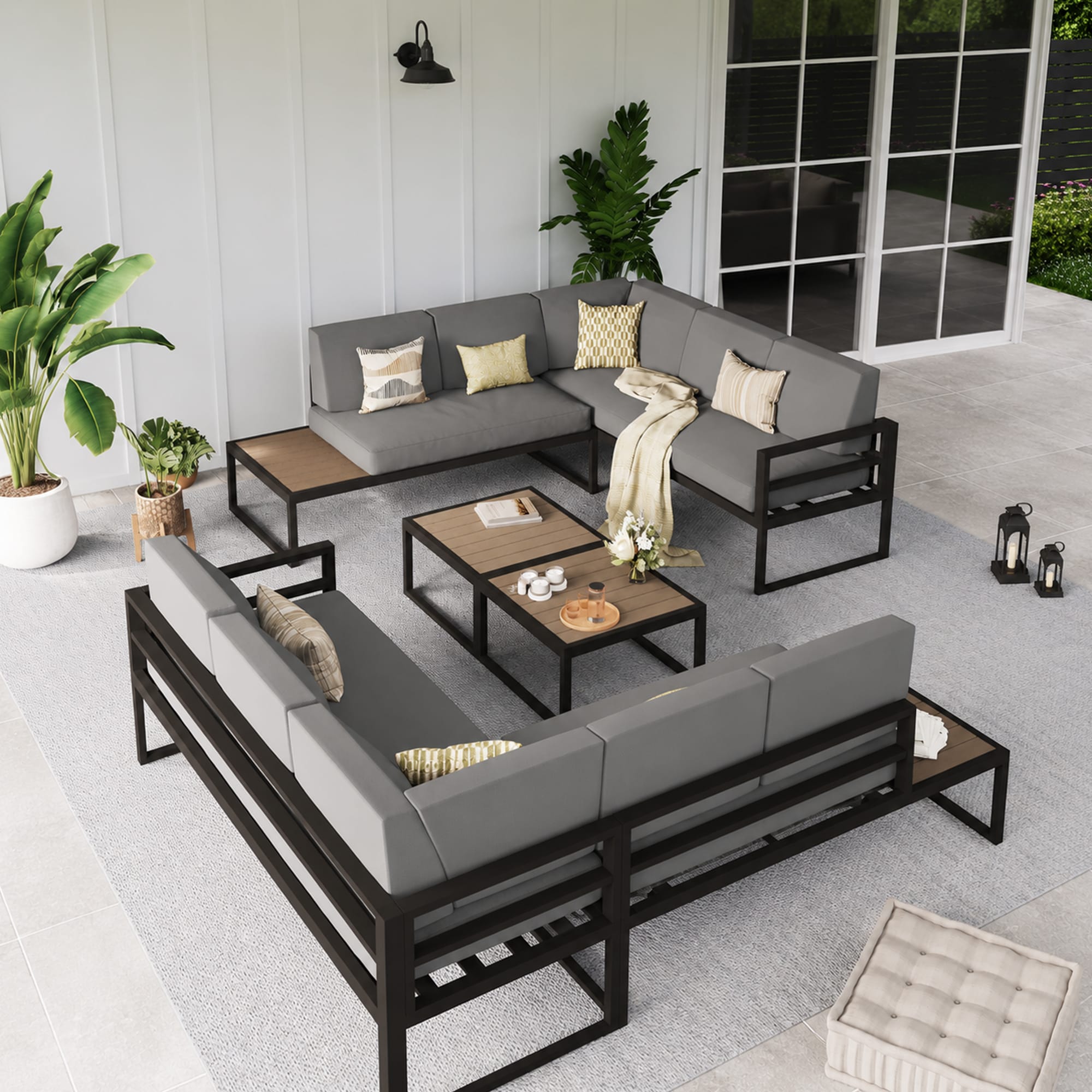 HYALON 10-Piece Aluminum Patio Conversation Seating Set with Side Table and Coffee Table and Dark Grey Cushions