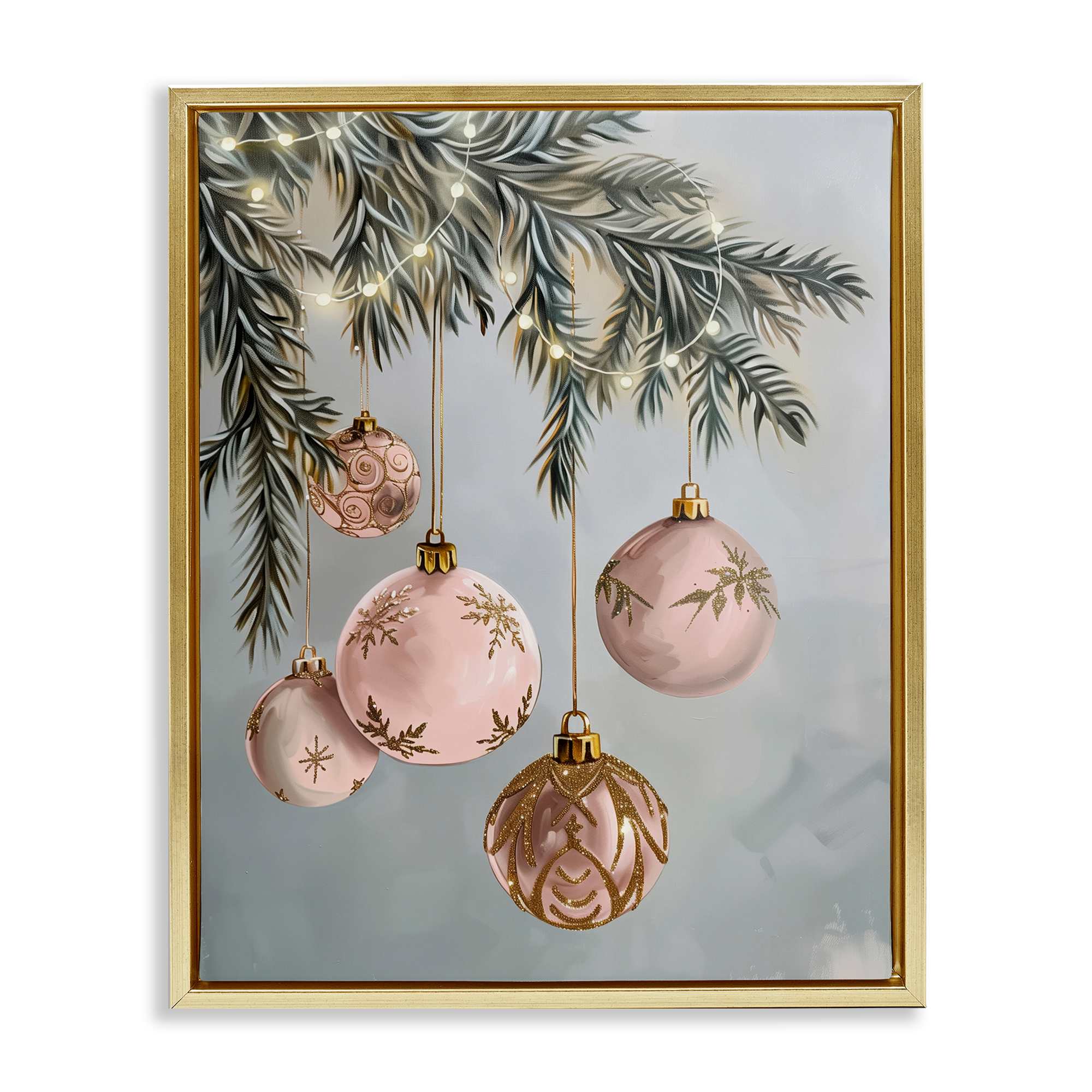 Stupell Industries BT-925-FFG-16X20 Pink Hanging Christmas Ornaments Gold Framed Floater Canvas Wall Art By Arlington Prints 17 x 21