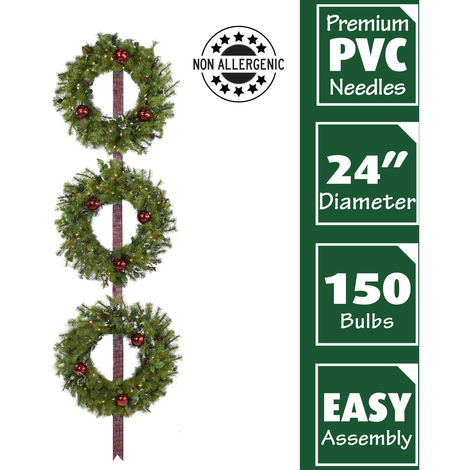 24-Inch Holly Berry Artificial Christmas Wreath Trio with Red Ribbon and LED Lights