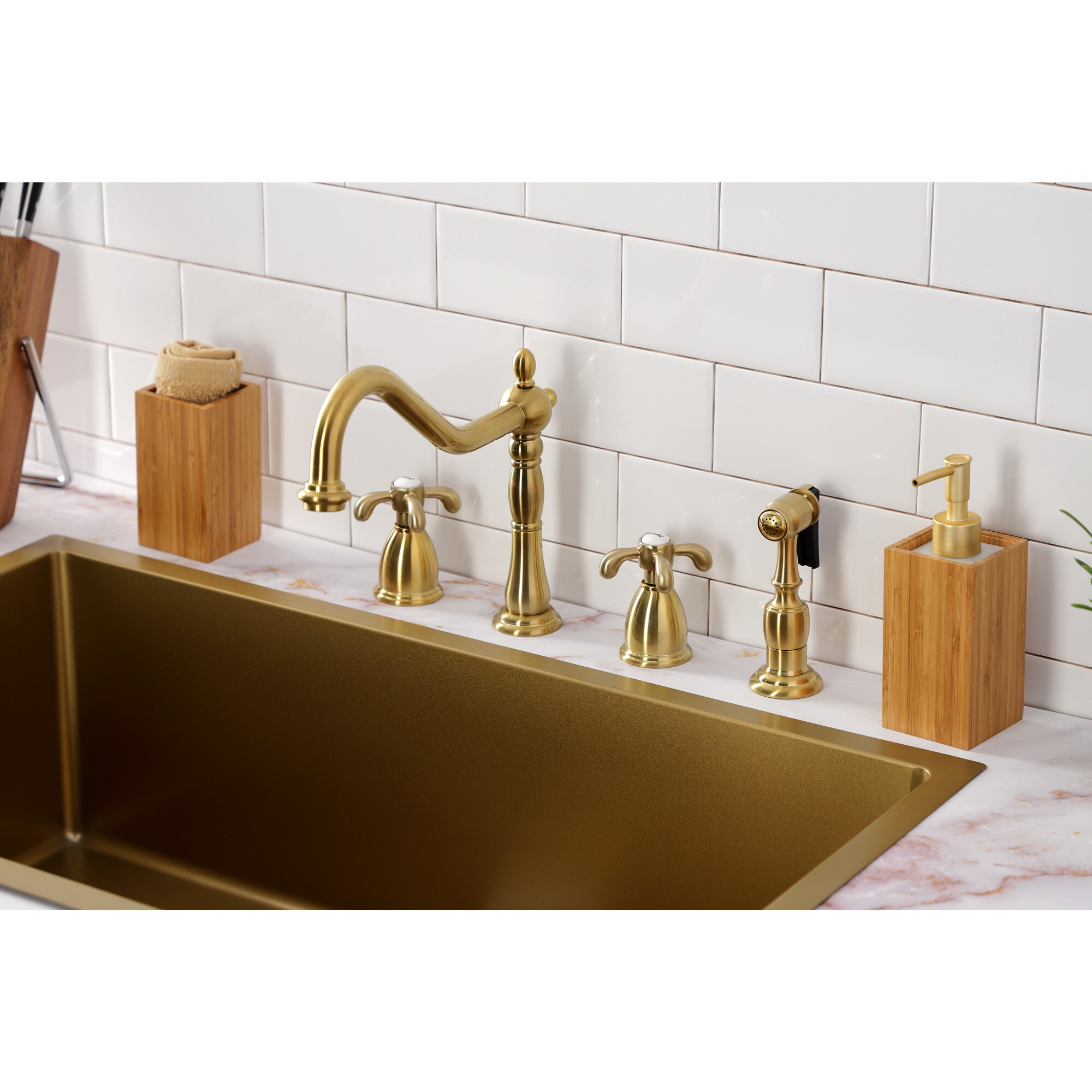 Kingston Brass WLKB1797TXBS Brushed Brass Double Handle Deck-mount Kitchen Faucet ( Side Sprayer Included )