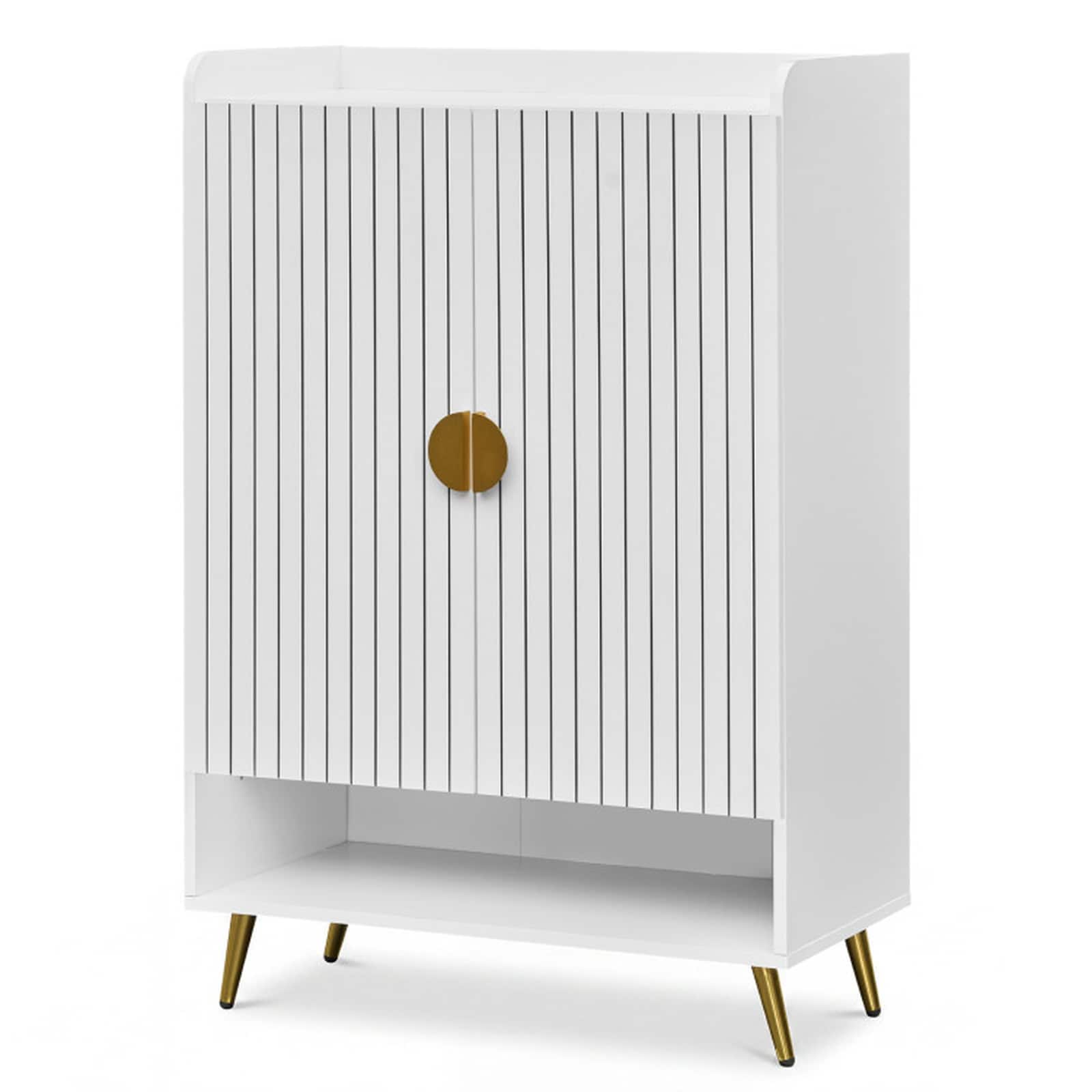 SUGIFT 30-in x 15.5-in x 44-in Tall Shoe Storage Cabinet with 7 Tiers Adjustable Removable Shelves Open Bottom Compartment Top Baffles Metal Handles Raised Metal Legs 2 Anti-Toppling Devices and 110-lb Load Capacity White Entryway Shoe Organizer