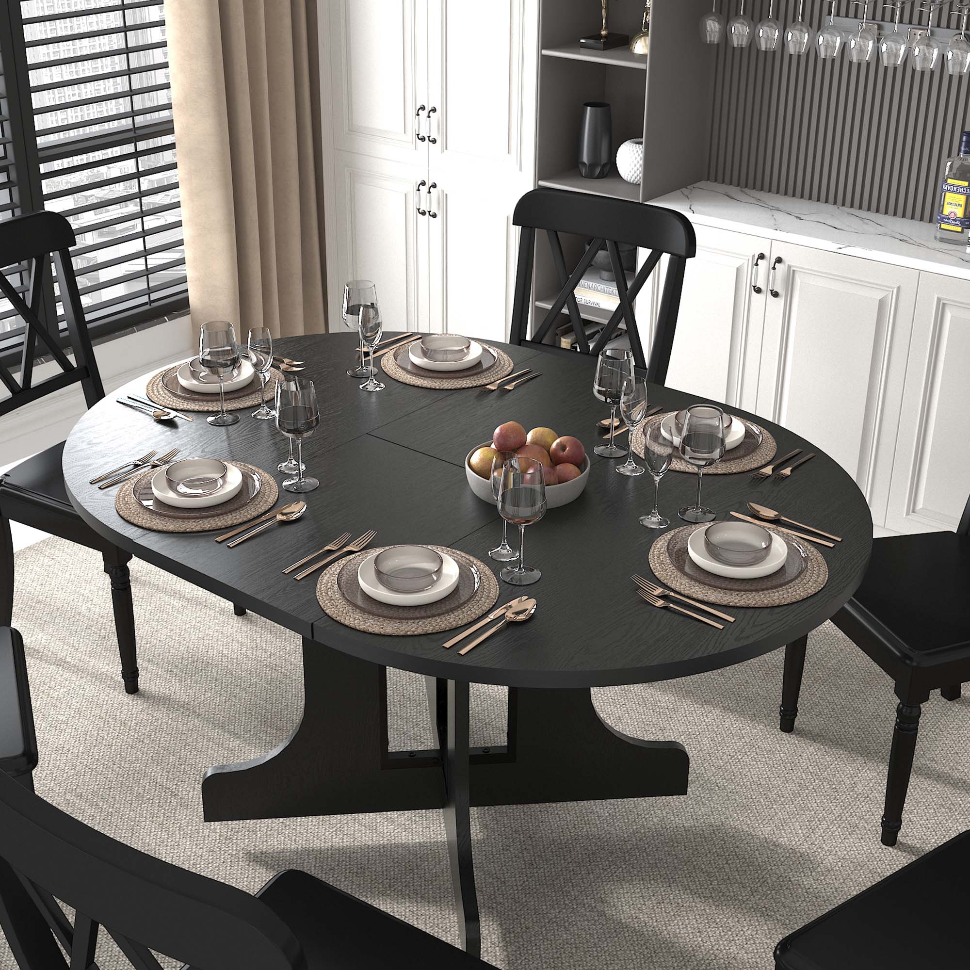 Sunrinx MG11-DT-04 Black Contemporary/Modern Extending Dining Table, Wood with Black Wood Trestle Base 59.06-in L x 29.53-in H